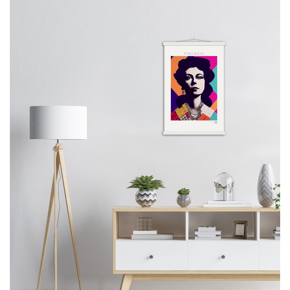  Poster mit Leisten (Holz) - in Museumsqualität - The Queen No.3 - HRH in cubes - Kunstdruck - 250g/qm - Queen Elisabeth II - Monarch - HRH - His/Her Royal Highness - Groß Britannien - Commonwealth - The Royal Family - Wandbild - Kubismus - synthetischen Kubismus - Georges Braque - Künstler: "John Grayst" - Atelier - UK - GB - London - 