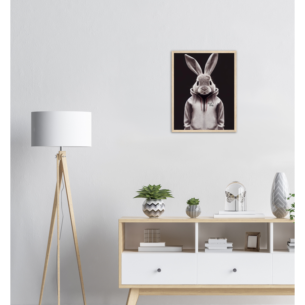 Poster mit Rahmen (Holz) - Bunny in grey tracksuit - Fashion Gang - Wandbild - Ostern - Geschenkidee - Osterhase - Bunny Crew: "Valerian" - "Caesar" - "Constantin" - "Cleo"-Titus - Weisser Hase - Easter Bunny - Cute - grey tracksuit - sweats - Alice's Adventures in Wonderland - Modemarke - Pixelboys Brand - Valerian der Hase - Kaninchen  - Künstler: "Pixelboys" - Atelier - Germany - Berlin - Hamburg - Colgne - France - Paris - Italy - Rom - USA - America - New York City - Los Angeles - Chicago - 