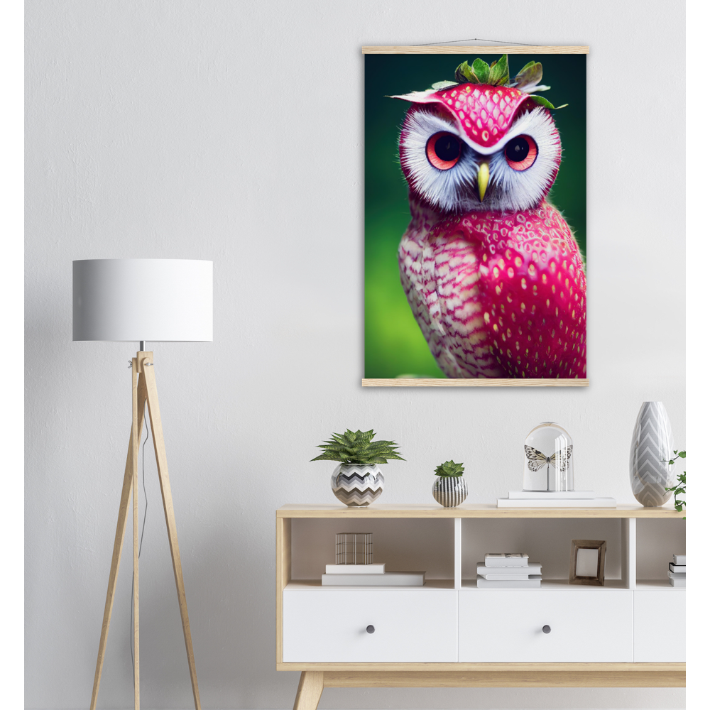 Poster mit Leisten (Holz) - Fruit Owl No. 2 - "Berry", the Strawberry Owl - Serie Fruit Owls - Wandkunst - Kunstdruck - (fiktiv: lat.  Pulsatrix Fragaria) - Erdbeere - Schleiereulen - Fruchteulen - Vogel - Bird - Strigiformes - Noctua - Ornithologie - Kunstwerk  - Office Poster - Poster mit Rahmen - Kaffee Tasse - Poster mit Leisten - Bedruckte Tassen - Kunst Marke - Art Brand - Acrylbild - Wandbild - Kunstdrucke - Papier: 250g/qm - Künstler: John Grayst & Pixelboys - Eulen - Owl - Geschenkidee - 