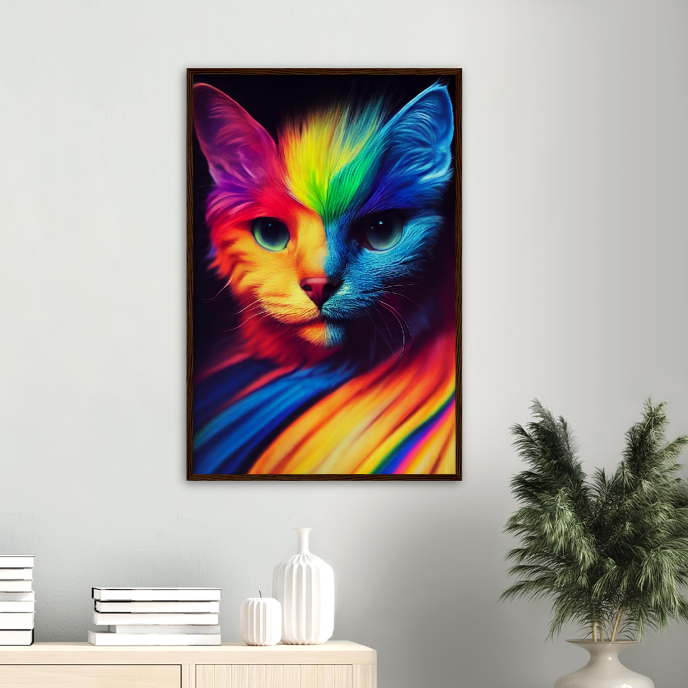 Poster mit Rahmen - Farbenfrohe Regenbogen Katze "Kitty" Poster Set mit Holzrahmen - In vielen verschiedenen Größen - auch in XXL verfügbar!