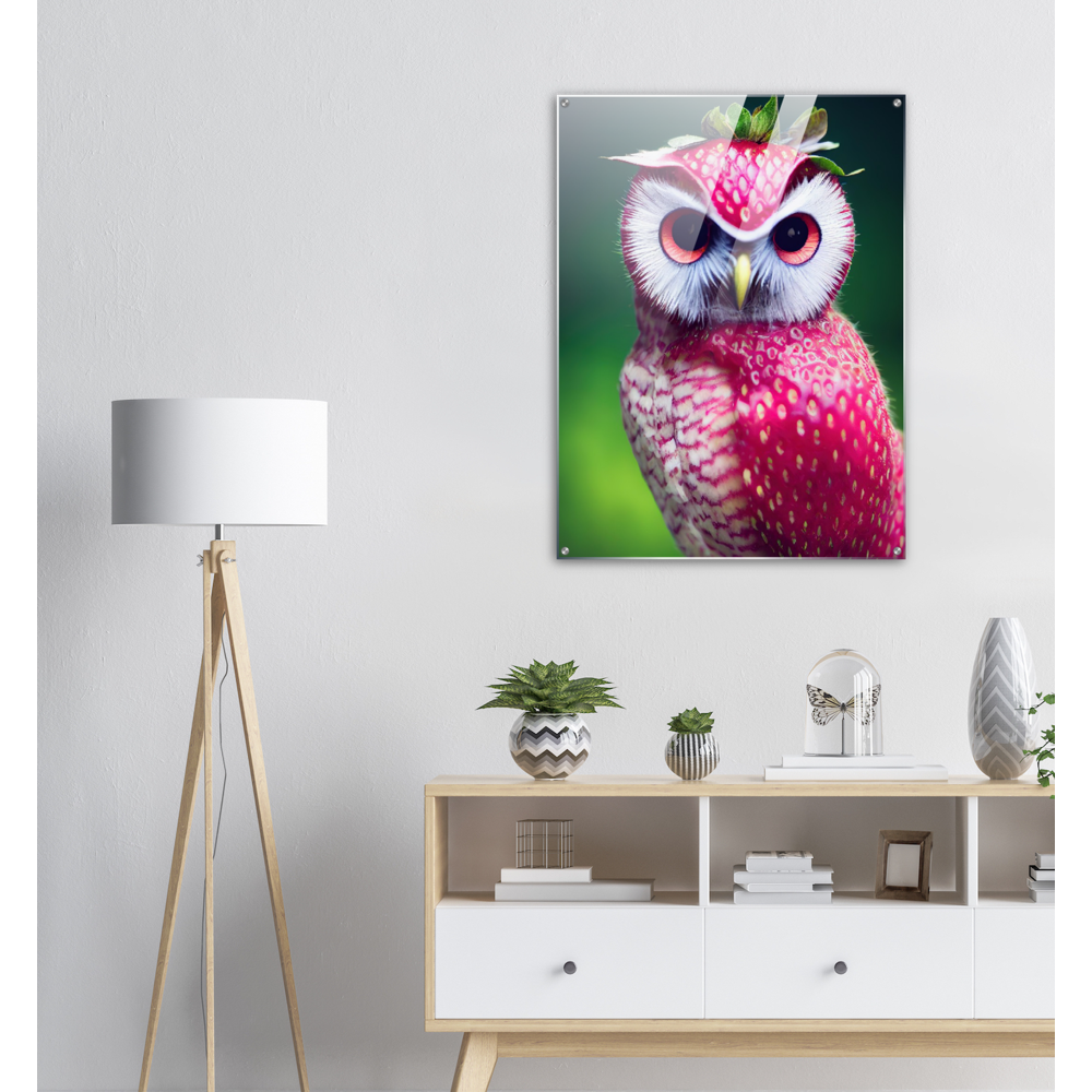 Acrylbild - Fruit Owl No. 2 - "Berry", the Strawberry Owl - Serie Fruit Owls - Wandkunst - Kunstdruck - (fiktiv: lat.  Pulsatrix Fragaria) - Erdbeere - Schleiereulen - Fruchteulen - Vogel - Bird - Strigiformes - Noctua - Ornithologie - Kunstwerk  - Office Poster - Poster mit Rahmen - Kaffee Tasse - Poster mit Leisten - Bedruckte Tassen - Kunst Marke - Art Brand - Acrylbild - Wandbild - Kunstdrucke - Papier: 250g/qm - Künstler: John Grayst & Pixelboys - Eulen - Owl - Geschenkidee - 