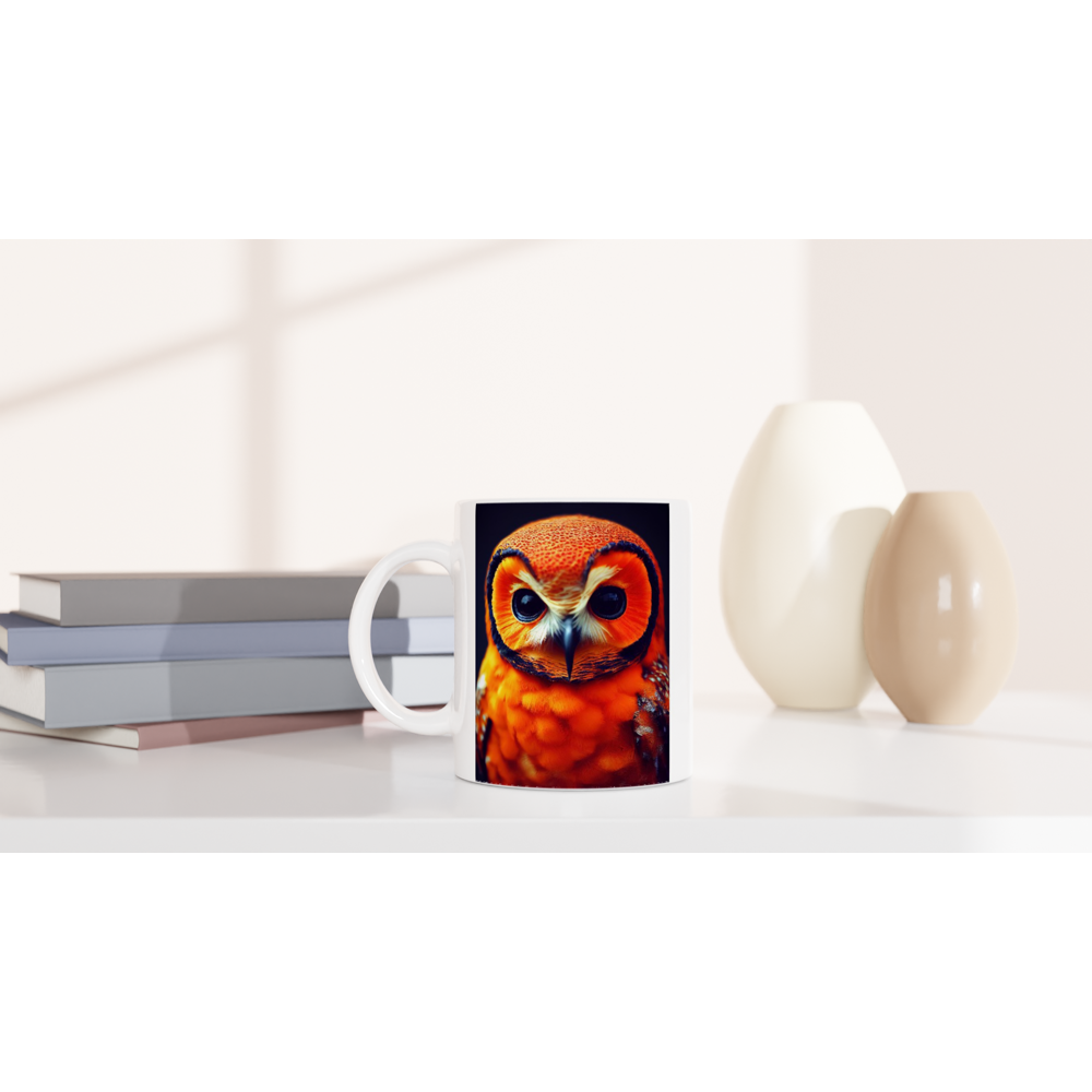 Personalisierbare Tasse - Fruit Owl No. 1 - "Orangina", the orange owl - Serie Fruit Owls - Schleiereulen - Becher Tee- Kaffee Tasse - lat. Tytonidae - Fruchteulen - Vogel - Bird - Strigiformes - Noctua - Ornithologie - Kunstwerk - Acryldruck - Poster mit Rahmen - Poster mit Leisten - Bedruckte Tassen - Kunst Marke - Art Brand - Pixelboys - Kunstdruck - Acryldruck - Wandbild - Kunstdrucke - Papier: 250g/qm - Künstler: John Grayst & Pixelboys - Eulen - Owl-  - Atelier - England - London - Manchester 
