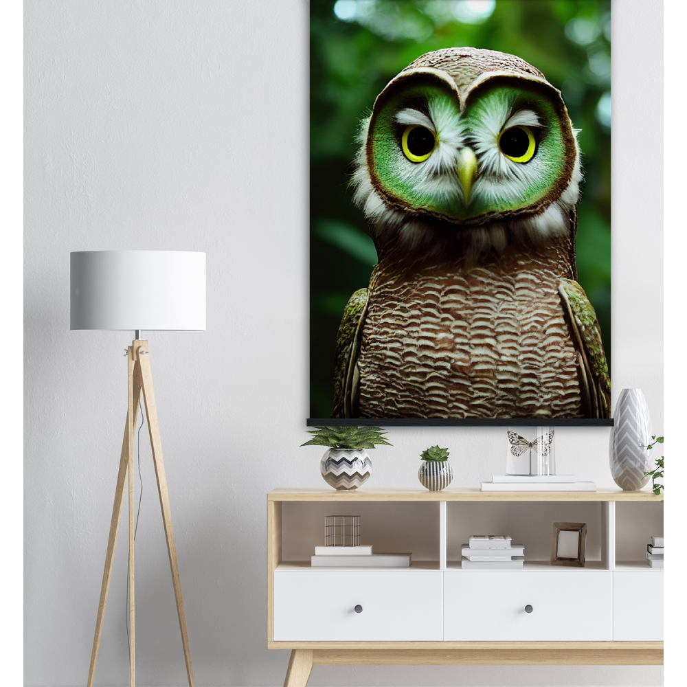 Poster mit Leisten (Holz) - Fruit Owl No. 4 - "Kiki", the Kiwi Owl - Wandkunst - Kunstdruck - (lat. tyto actinidia) - Kiwi Eule - Kiwi Owl - Fruchteulen - Vogel - Bird - Strigiformes - Noctua - Ornithologie - Kunstwerk  - Office Poster - Poster mit Rahmen - Kaffee Tasse - Poster mit Leisten - Bedruckte Tassen - Kunst Marke - Art Brand - Acryldruck - Wandbild - Kunstdrucke - Papier: 250g/qm - Künstler: John Grayst & Pixelboys - Eulen - Owl - Geschenkidee - 