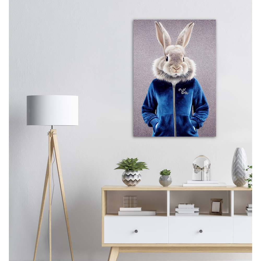 Poster in Museumsqualität - Bunny in blue Tracksuit - "Caesar" - Wandbild - Ostern - Geschenkidee - Osterhase - Bunny Crew: "Caesar" - "Constantin" - "Titus" - "Cleo" - Weisser Hase - Easter Bunny - Cute - blue Tracksuit - Modemarke -Pixelboys Brand - Caesar der Hase - Meister Lampe - Hase - Kaninchen - Karnickel - Stallhase - Künstler: "Pixelboys" - Atelier - Germany - Berlin - France - Paris - Italy - Rom - USA - America - New York City - Los Angeles - Chicago - Houston - Phoenix - Philadelphia 