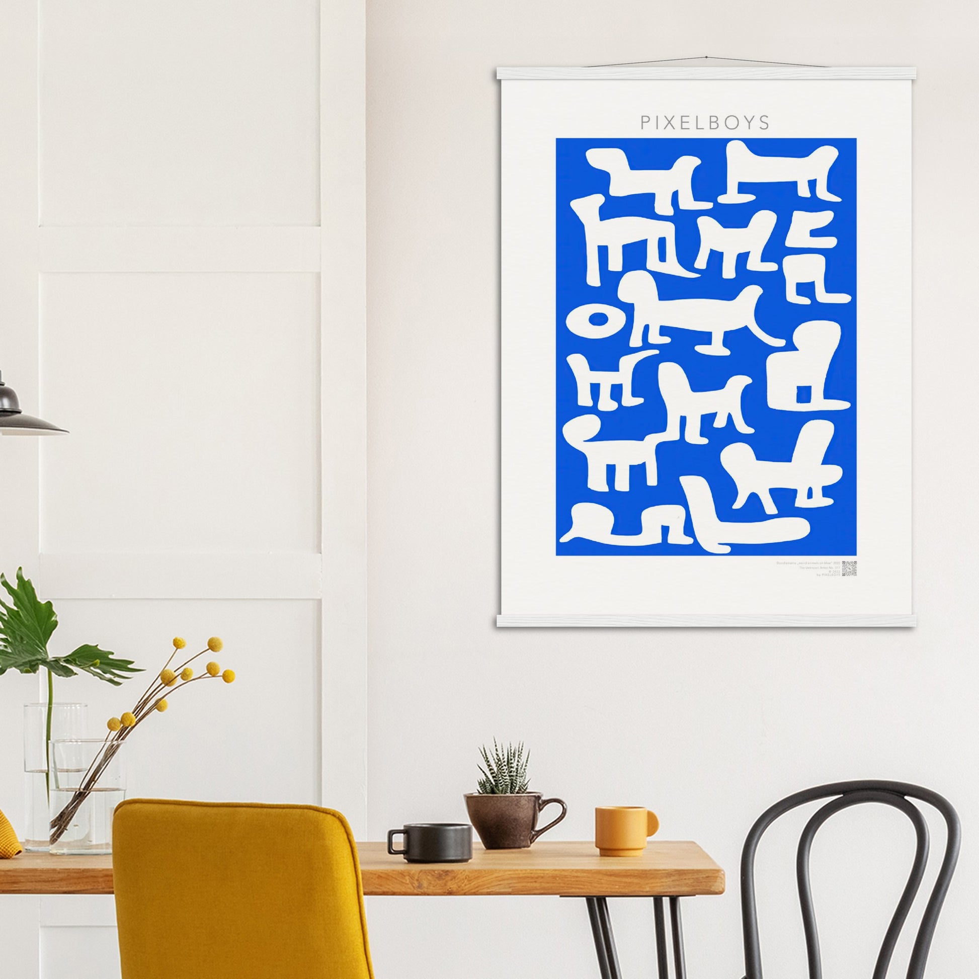 Poster mit Leisten (Holz) - in Museumsqualität - Doodlemania "weird animals on blue" - No.1 - Hunde - Katzen - Doodle Kunst - Poster mit Rahmen - doodle artwork - Acrylbild - Kunstdruck - Wandbild - office Poster - Poster with frame -  Künstler: Pixelboys & The Unknown Artist Nb.517 - keith haring - anti stress art - Art Brand - 