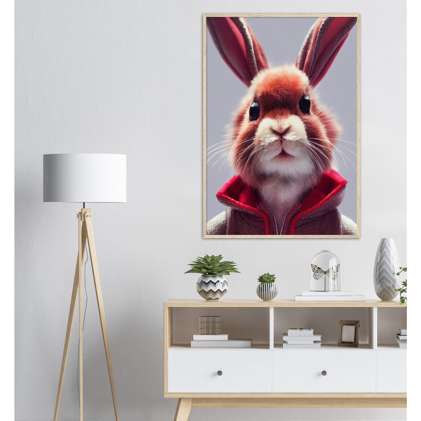 Poster mit Rahmen (Holz)- Museumsqualität - Bunny in grey red tracksuit - "Julius" - personalized mug - customized mug - Cute rabbit - Marke:- Pixelboys - Brand - Art Prints - Marke - Wandkunst - Papierstärke: 250g/qm - Wall Art - Bunny crey - Skater Betty - Hasen Gang - Original - Künstler:Pixelboys - Poster with frame - Office Poster - Trend - Wandschmuck - Atelier USA - 