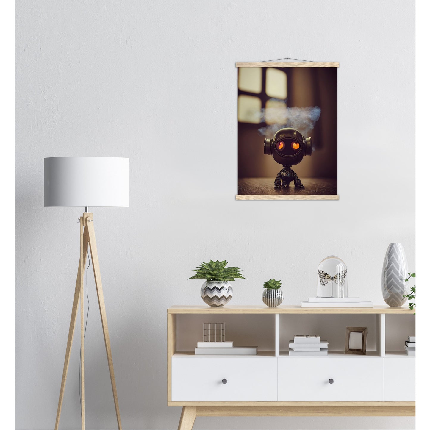 Poster mit Leisten (Holz) in Museumsqualität - Tiny robot - with smoke around his head - "Tiny Tim" - Wandbild - Customizable Coffee Cup - Personalized Gifts - Kunstdruck - Rauchender Roboter - Steampunk - Acryldruck - Smoking Robots - Personalized Gifts - Poster with frame - Wall Art - - zukunft - Kunstwerk - Office Poster - Poster mit Rahmen - Kaffee Tasse  - Bedruckte Tassen - Kunst Marke - Art Brand - Wandbild - Kunstdrucke - Künstler: John Grayst & Pixelboys - emotional robots - Geschenkidee 