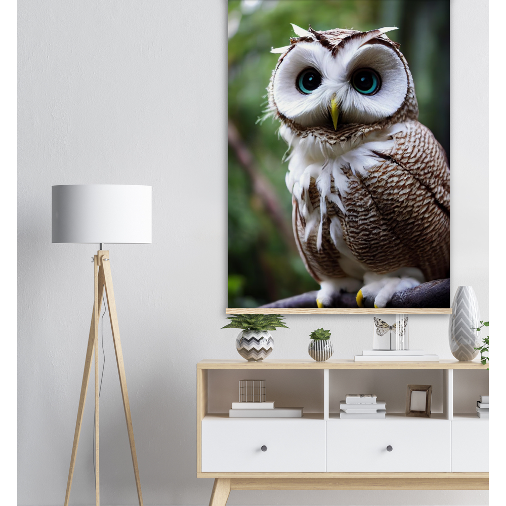 Poster mit Leisten (Holz) - Fruit Owl No.6 - "Cornelius", the coconut owl - Wandkunst - Museumsqualität - Kunstdruck - Kokusnuseule - Kokosnuss-Uhu (lat. bubo vaccinium)  - Acryldruck - Fruchteulen - coconut owl - Vogel - Uhu - Bird - Strigiformes - Noctua - Ornithologie - Kunstwerk  - Office Poster - Poster mit Rahmen - Kaffee Tasse - Poster mit Leisten - Bedruckte Tassen - Kunst Marke - Art Brand - Wandbild - Kunstdrucke - Papier: 250g/qm - Künstler: John Grayst & Pixelboys - Eulen - Owl - Geschenkidee - 