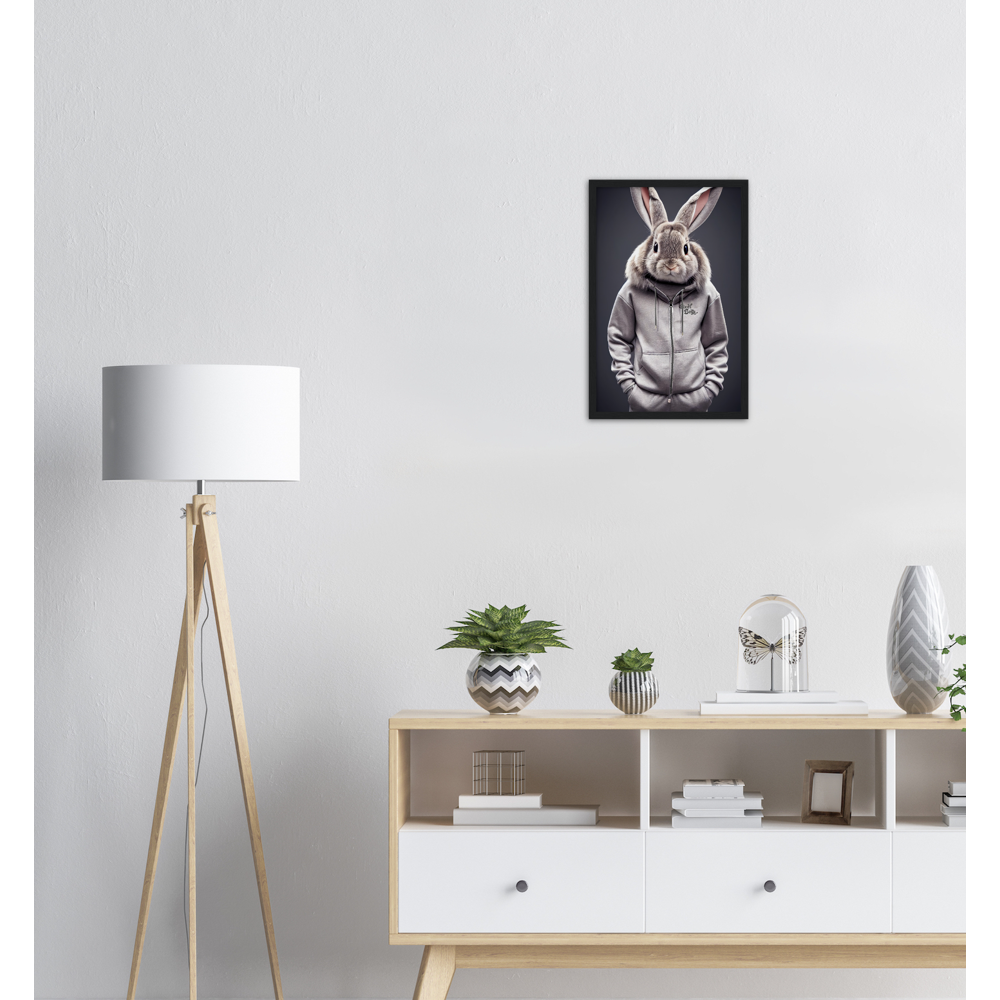 Poster mit Rahmen (Holz) - Bunny in grey Tracksuit - "Titus" - Fashion Gang - Wandbild - Ostern - Geschenkidee - Osterhase - Bunny Crew: "Titus" - "Caesar" - "Constantin" - "Cleo" - Weisser Hase - Easter Bunny - Cute - grey tracksuit - sweats - Alice's Adventures in Wonderland - Modemarke - Pixelboys Brand - Titus der Hase - Hase - Kaninchen  - Künstler: "Pixelboys" - Atelier - Germany - Berlin - Hamburg - Colgne - France - Paris - Italy - Rom - USA - America - New York City - Los Angeles - Chicago - 