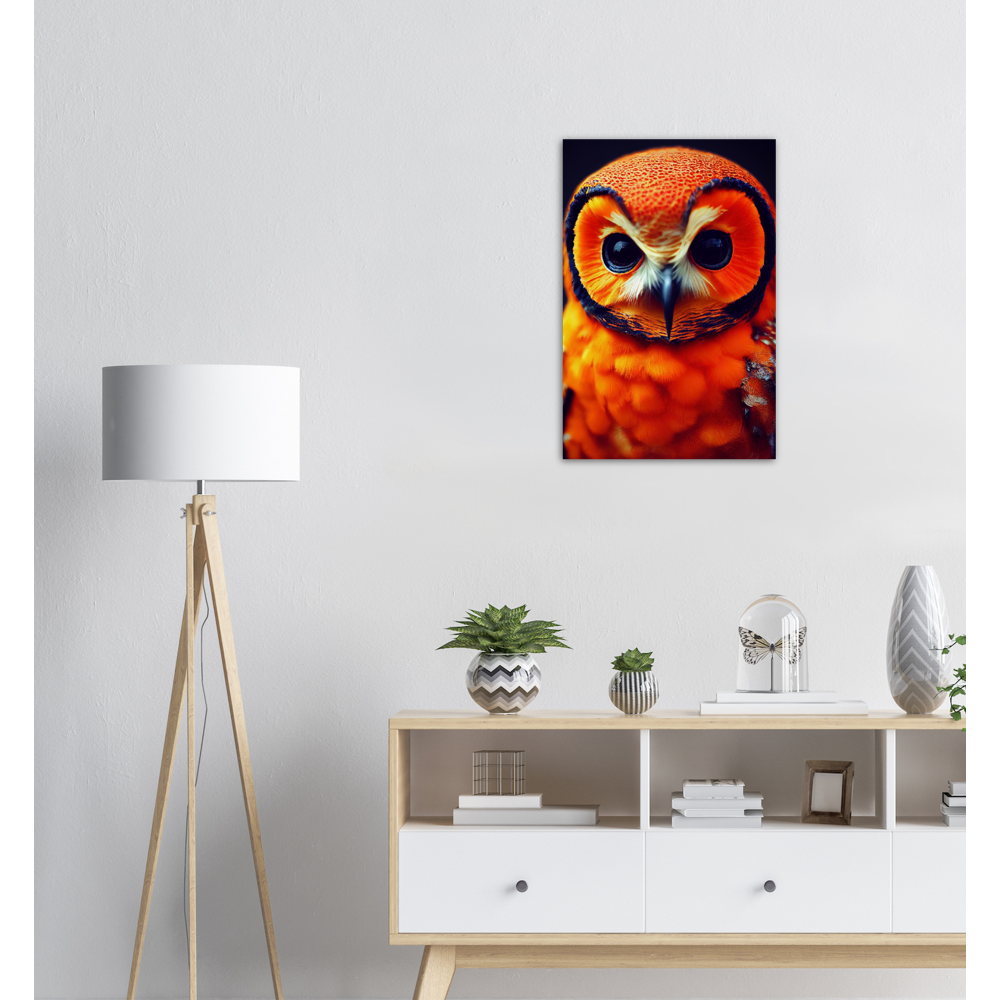 Poster in Museumsqualität - Fruit Owl No. 1 - "Orangina", the orange owl - Serie Fruit Owls - Schleiereulen - lat. Tytonidae - Fruchteulen - Vogel - Bird - Strigiformes - Noctua - Ornithologie - Kunstwerk - Acryldruck - Poster mit Rahmen - Poster mit Leisten - Bedruckte Tassen - Kunst Marke - Art Brand - Pixelboys - Kunstdruck - Acrylbild - Wandbild - Kunstdrucke - Papier: 250g/qm - Künstler: John Grayst & Pixelboys - Eulen - Owl-  - Atelier - England - London - Birmingham - Manchester - Leeds - Liverpool 