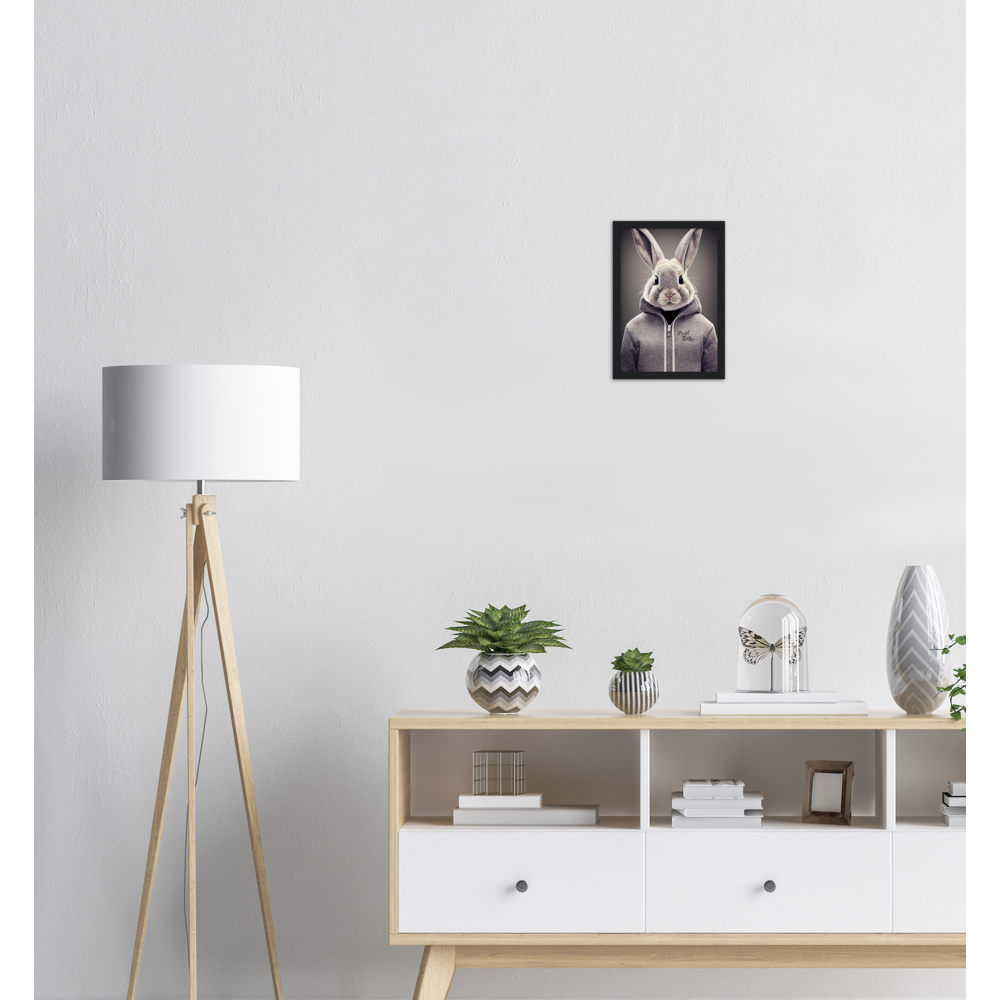 Poster mit Rahmen (Holz) - Bunny in grey Hoodie - "Constantin" - Fashion Gang - Wandbild - Ostern - Geschenkidee - Osterhase - Bunny Crew: "Constantin" - "Caesar" - "Titus" - "Cleo" - Weisser Hase - Easter Bunny - Cute - grey Hoodie - sweats - Alice's Adventures in Wonderland - Modemarke - Pixelboys Brand - Constantin der Hase - Hase - Kaninchen  - Künstler: "Pixelboys" - Atelier - Germany - Berlin - Hamburg - Colgne - France - Paris - Italy - Rom - USA - America - New York City - Los Angeles - Chicago - 