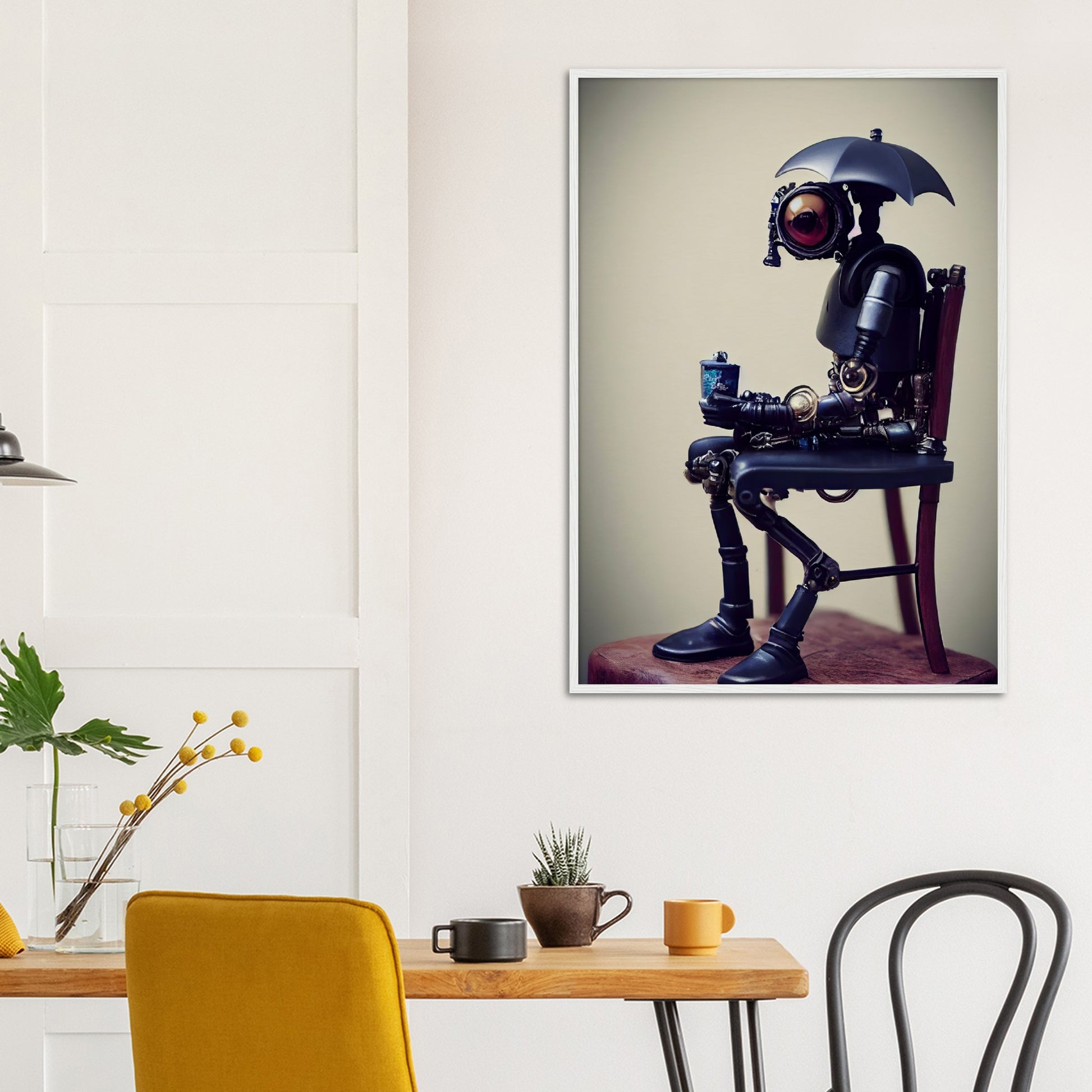 Poster mit Rahmen (Holz) in Museumsqualität - Tiny robot with an umbrella "Louis" - Regenschirm - Acryldruck - Wandkunst - Customizable Coffee Cup - Personalized Gifts - Kunstdruck - Kleine Roboter - Acryldruck - Little Robots - Personalized Gifts - Tiny  - Steampunk - zukunft - Poster with frame - Kunstwerk - Office Poster - Poster mit Rahmen - Kaffee Tasse - Poster - Bedruckte Tassen - Kunst Marke - Art Brand - Kunstdrucke - Künstler: John Grayst & Pixelboys - emotional robots - Geschenkidee -