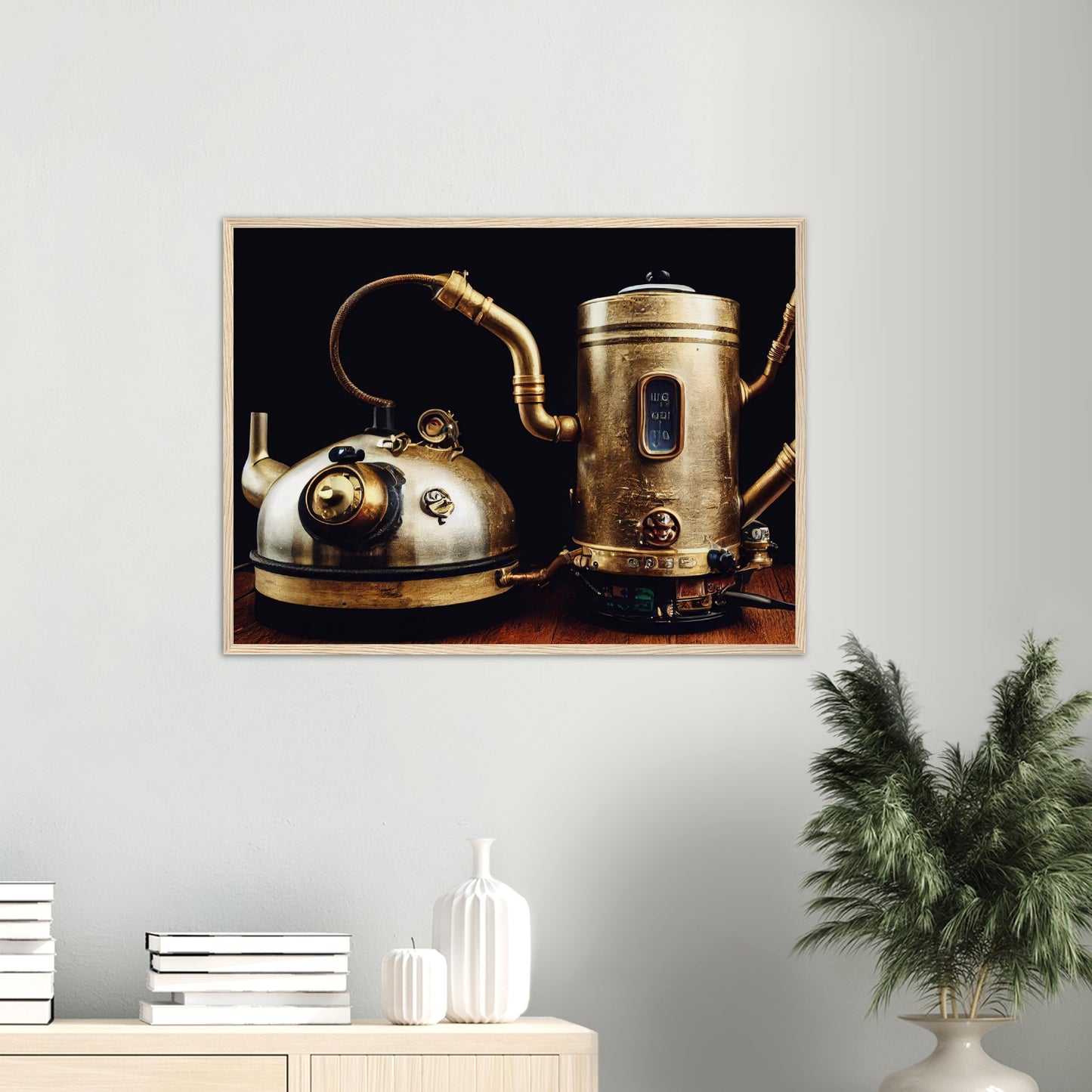 Poster mit Rahmen (Holz) in Museumsqualität - Steampunk - Coffee Maker - No.3 - Collection Cup - Pixelboys - Wandbild - Kunstwerk - Hotelkunst - Kunst auf Postern - Fine Art - Steampunk - Future - Maschine - Poster with frame - Office Poster - Art Brand - Pixelboys - Coffee House - Restaurant Poster - Wall Art - Kunstdruck - Geschenkidee - Kunst auf Acrylglas - Future Coffee Cup - Personalisierbare Tasse - Gastro Tasse - exklusiv - Gastronomie Poster - Hotelposter - Steam Punk Kitchen - 