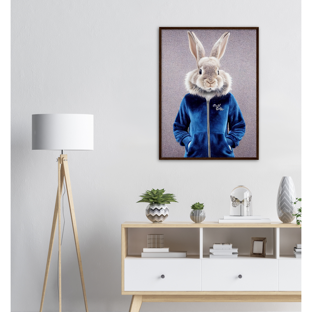 Poster mit Rahmen (Holz) - Bunny in blue Tracksuit - "Caesar" - Gang - Wandbild - Ostern - Geschenkidee - Osterhase - Bunny Crew: "Caesar" - "Constantin" - "Titus" - "Cleo" - Weisser Hase - Easter Bunny - Cute - blue Tracksuit - sweats - Gang - Modemarke -Pixelboys Brand - Caesar der Hase - Meister Lampe - Hase - Kaninchen - Karnickel - Stallhase - Künstler: "Pixelboys" - Atelier - Germany - Berlin - France - Paris - Italy - Rom - USA - America - New York City - Los Angeles - Chicago - Houston 