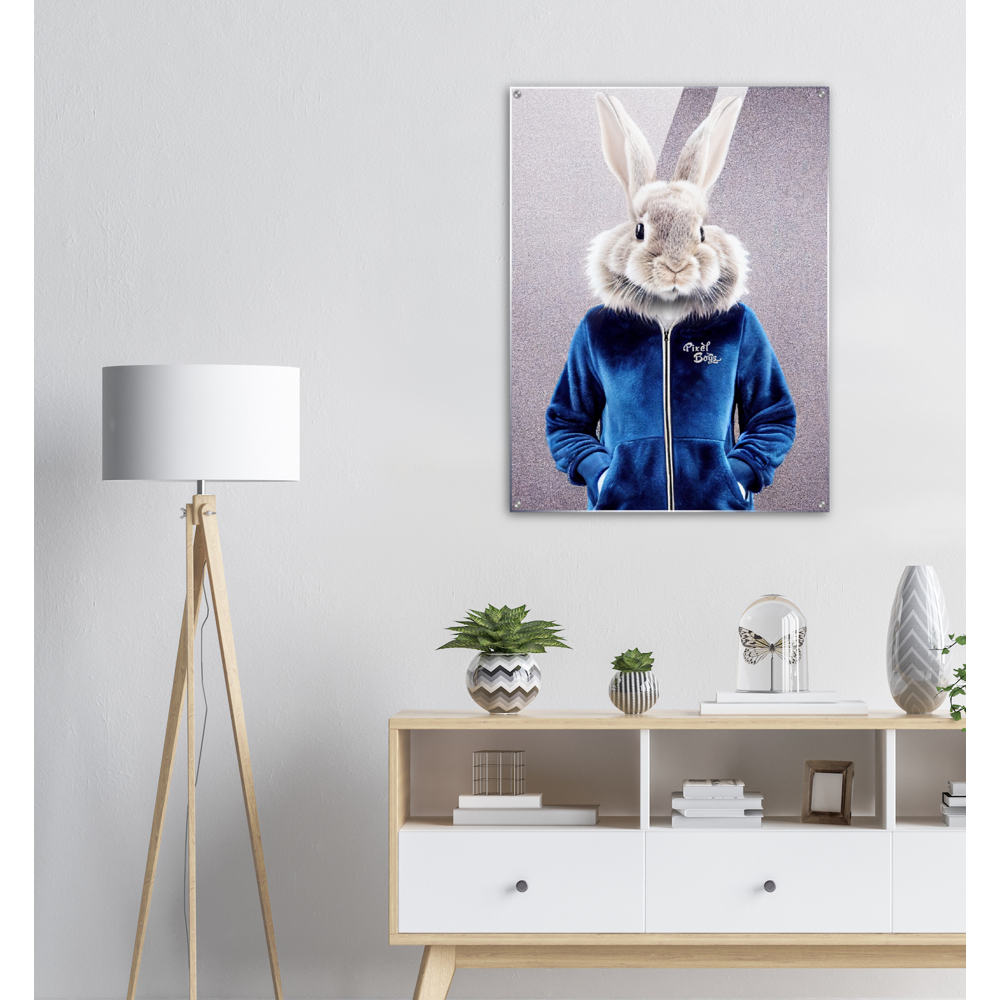 Acrylbild - Bunny in blue Tracksuit - "Caesar" - Fashion - Gang - Wandbild - Acryldruck - Ostern - Geschenkidee - Osterhase - Bunny Crew: "Caesar" - "Constantin" - "Titus" - "Cleo" - Weisser Hase - Easter Bunny - Cute - blue Tracksuit - sweats - Gang - Modemarke -Pixelboys Brand - Caesar der Hase - Meister Lampe - Hase - Kaninchen - Karnickel - Künstler: "Pixelboys" - Atelier - Germany - Berlin - Hamburg - Colgne - France - Paris - Italy - Rom - USA - America - New York City - Los Angeles - Chicago - 