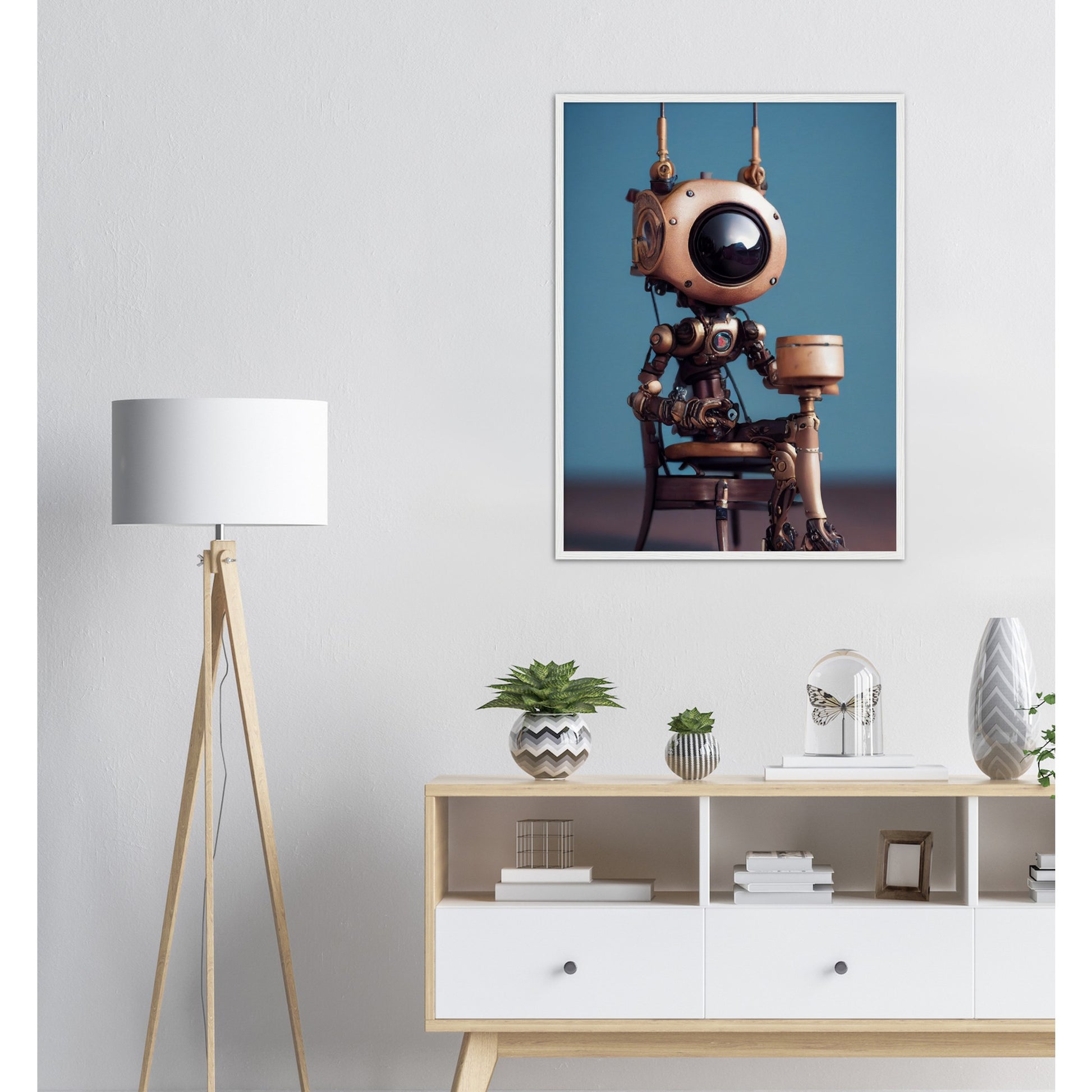 Poster mit Rahmen (Holz) in Museumsqualität - Tiny robot with a present - "Tiny Sam" - Wandbild - Customizable Coffee Cup - Personalized Gifts - Kunstdruck - Roboter mit Geschenk - Steampunk - Acryldruck - Present Robots - Personalized Gifts - Poster with frame - nr.5 lebt - zukunft - Kunstwerk - Office Poster - Poster mit Rahmen - Kaffee Tasse  - Bedruckte Tassen - Kunst Marke - Art Brand - Wandbild - Kunstdrucke - Künstler: John Grayst & Pixelboys - emotional robots - Geschenkidee -