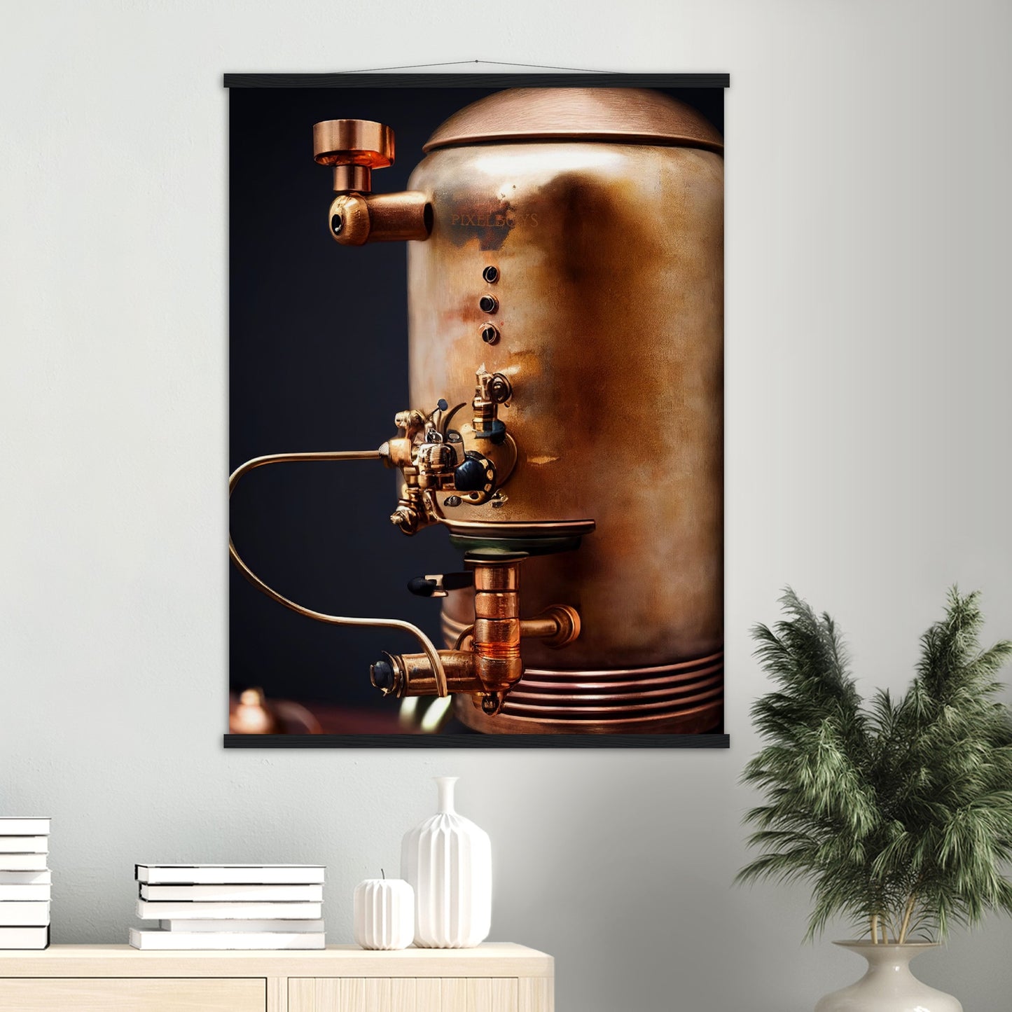 Poster mit Leisten (Holz) - Steampunk - Coffee Maker - No.5 - Collection Cup - Pixelboys - Wandbild - Kunstwerk - Hotelkunst - Kunst auf Postern - Fine Art - Steampunk - Future - Maschine - Poster with frame - Office Poster - Art Brand - Pixelboys - Coffee House - Restaurant Poster - Wall Art - Kunstdruck - Geschenkidee - Kunst auf Acrylglas - Future Coffee Cup - Personalisierbare Tasse - Gastro Tasse - exklusiv - Acryldruck - Gastronomie Poster - Hotelposter - Steam Punk Kitchen -   