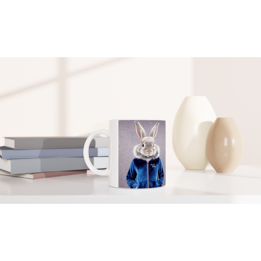 Personalisierte Tasse - Bunny in blue Tracksuit - "Caesar" - Fashion - Gang - Bedruckte Tasse - Ostern - Geschenkidee - Osterhase - Bunny Crew: "Caesar" - "Constantin" - "Titus" - "Cleo" - Weisser Hase - Easter Bunny - Cute - blue Tracksuit - sweats - Gang - Modemarke -Pixelboys Brand - Caesar der Hase - Meister Lampe - Hase - Kaninchen - Karnickel - Künstler: "Pixelboys" - Atelier - Germany - Berlin - Hamburg - Colgne - France - Paris - Italy - Rom - USA - America - New York City - Los Angeles - Chicago - 