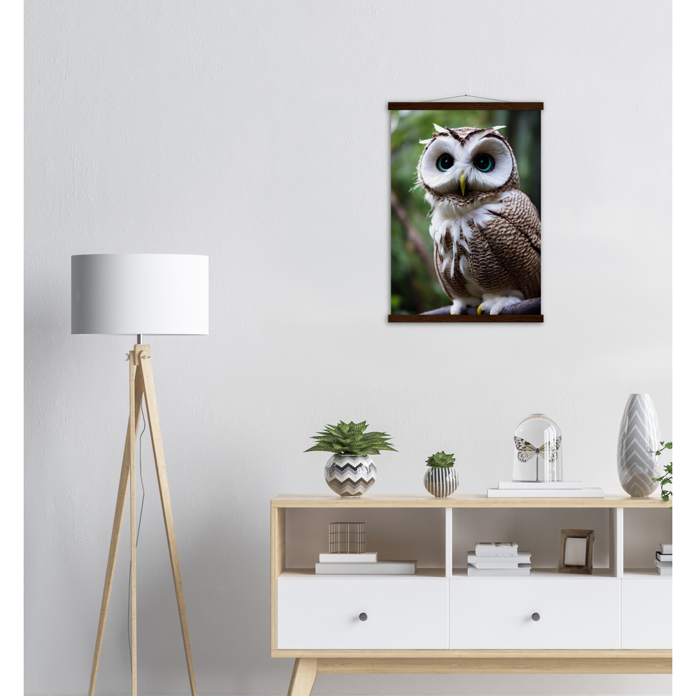 Poster mit Leisten (Holz) - Fruit Owl No.6 - "Cornelius", the coconut owl - Wandkunst - Museumsqualität - Kunstdruck - Kokusnuseule - Kokosnuss-Uhu (lat. bubo vaccinium)  - Acryldruck - Fruchteulen - coconut owl - Vogel - Uhu - Bird - Strigiformes - Noctua - Ornithologie - Kunstwerk  - Office Poster - Poster mit Rahmen - Kaffee Tasse - Poster mit Leisten - Bedruckte Tassen - Kunst Marke - Art Brand - Wandbild - Kunstdrucke - Papier: 250g/qm - Künstler: John Grayst & Pixelboys - Eulen - Owl - Geschenkidee - 
