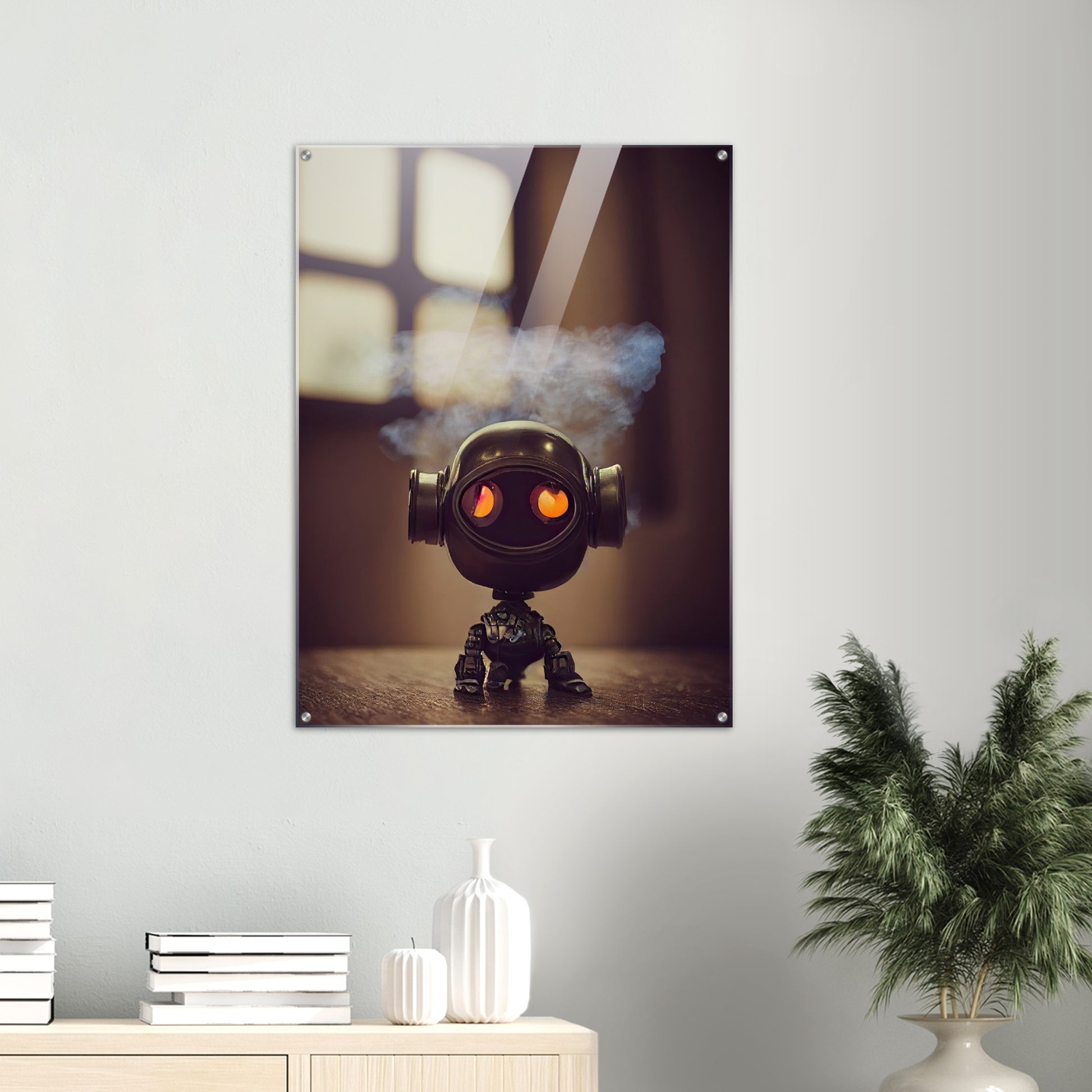 Acryldruck - in Museumsqualität - Tiny robot - with smoke around his head - "Tiny Tim" - Wandbild - Customizable Coffee Cup - Personalized Gifts - Kunstdruck - Rauchender Roboter - Steampunk - Acryldruck - Smoking Robots - Personalized Gifts - Poster with frame - nr.5 lebt - zukunft - Kunstwerk - Office Poster - Poster mit Rahmen - Kaffee Tasse  - Bedruckte Tassen - Kunst Marke - Art Brand - Wandbild - Kunstdrucke - Künstler: John Grayst & Pixelboys - emotional robots - Geschenkidee - Acrylbild -