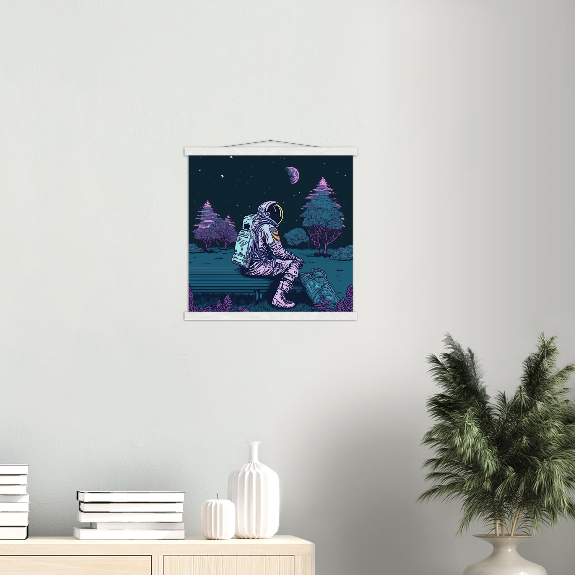 Poster mit Leisten (Holz) - in Museumsqualität - Stargazing Astronaut - John - Illustration - Astronaut - Parkbank - Rocketman - Posterleisten - USA - Fineart - Posterrahmen  - Wandkunst - Holzrahmen - Poster with frame - artwork - art brand - printed cup personalized - Holzleisten - pixelboys - Kunstdrucke - wandbilder - wall art - Kunst auf Tassen  - Office Poster - Gastrotassen - Wanddekoration - Acrylkunst - Geschenkidee - Office Poster - Acryldruck - Abstrakte Kunst -