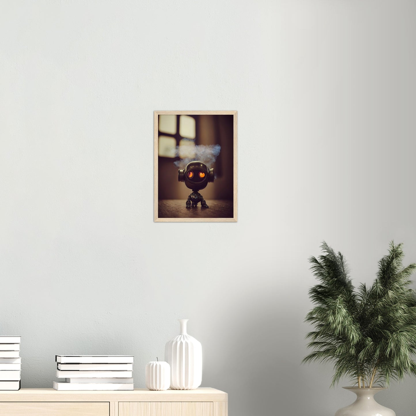 Poster mit Rahmen (Holz) - in Museumsqualität - Tiny robot - with smoke around his head - "Tiny Tim" - Wandbild - Customizable Coffee Cup - Personalized Gifts - Kunstdruck - Rauchender Roboter - Steampunk - Acryldruck - Smoking Robots - Personalized Gifts - Poster with frame - nr.5 lebt - zukunft - Kunstwerk - Office Poster - Poster mit Rahmen - Kaffee Tasse  - Bedruckte Tassen - Kunst Marke - Art Brand - Wandbild - Kunstdrucke - Künstler: John Grayst & Pixelboys - emotional robots - Geschenkidee -