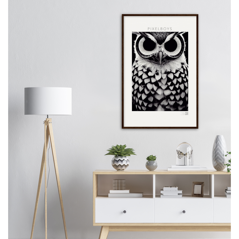 Poster mit Rahmen (Holz) - Museumsqualität - Dark Owl, No. 1 - "Hedwig" - Vogel - Bird - Strigiformes - Noctua - Ornithologie - Kunstwerk - Museumsqualität - Acryldruck - Poster mit Rahmen - Poster mit Leisten - Bedruckte Tassen - Kunst Marke - Art Brand - Pixelboys - Kunstdruck - Wandbild - Kunstdrucke - Papier: 250g/qm - Künstler: John Grayst & Pixelboys - Eulen - Owl-  - Atelier - England - London - Birmingham–Wolverhampton - Manchester - Leeds Bradfort - Liverpool  