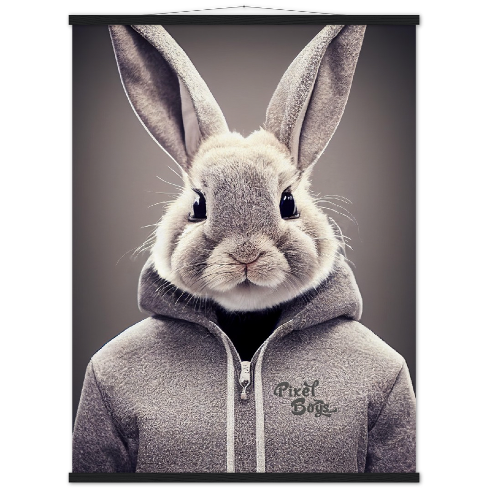 Poster mit Leisten (Holz) - Bunny in grey Hoodie - "Constantin" - Fashion Gang - Wandbild - Ostern - Geschenkidee - Osterhase - Bunny Crew: "Constantin" - "Caesar" - "Titus" - "Cleo" - Weisser Hase - Easter Bunny - Cute - grey Hoodie - sweats - Alice's Adventures in Wonderland - Modemarke - Pixelboys Brand - Constantin der Hase - Hase - Kaninchen  - Künstler: "Pixelboys" - Atelier - Germany - Berlin - Hamburg - Colgne - France - Paris - Italy - Rom - USA - America - New York City - Los Angeles - Chicago - 