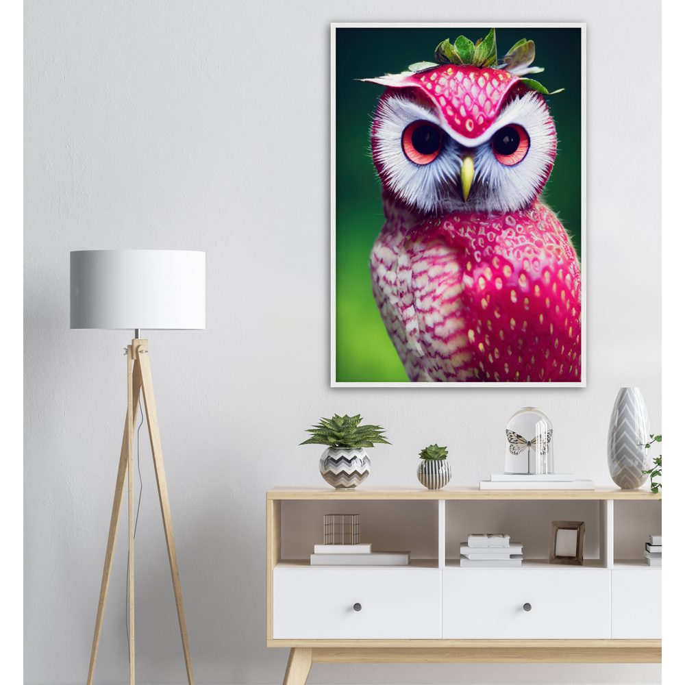 Poster in Rahmen (Holz) - Fruit Owl No. 2 - "Berry", the Strawberry Owl - Serie Fruit Owls - Wandkunst - Kunstdruck - (fiktiv: lat.  Pulsatrix Fragaria) - Erdbeere - Schleiereulen - Fruchteulen - Vogel - Bird - Strigiformes - Noctua - Ornithologie - Kunstwerk  - Office Poster - Poster mit Rahmen - Kaffee Tasse - Poster mit Leisten - Bedruckte Tassen - Kunst Marke - Art Brand - Acrylbild - Wandbild - Kunstdrucke - Papier: 250g/qm - Künstler: John Grayst & Pixelboys - Eulen - Owl - Geschenkidee - 