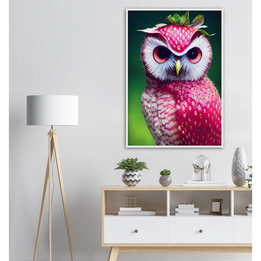 Poster in Rahmen (Holz) - Fruit Owl No. 2 - "Berry", the Strawberry Owl - Serie Fruit Owls - Wandkunst - Kunstdruck - (fiktiv: lat.  Pulsatrix Fragaria) - Erdbeere - Schleiereulen - Fruchteulen - Vogel - Bird - Strigiformes - Noctua - Ornithologie - Kunstwerk  - Office Poster - Poster mit Rahmen - Kaffee Tasse - Poster mit Leisten - Bedruckte Tassen - Kunst Marke - Art Brand - Acrylbild - Wandbild - Kunstdrucke - Papier: 250g/qm - Künstler: John Grayst & Pixelboys - Eulen - Owl - Geschenkidee - 