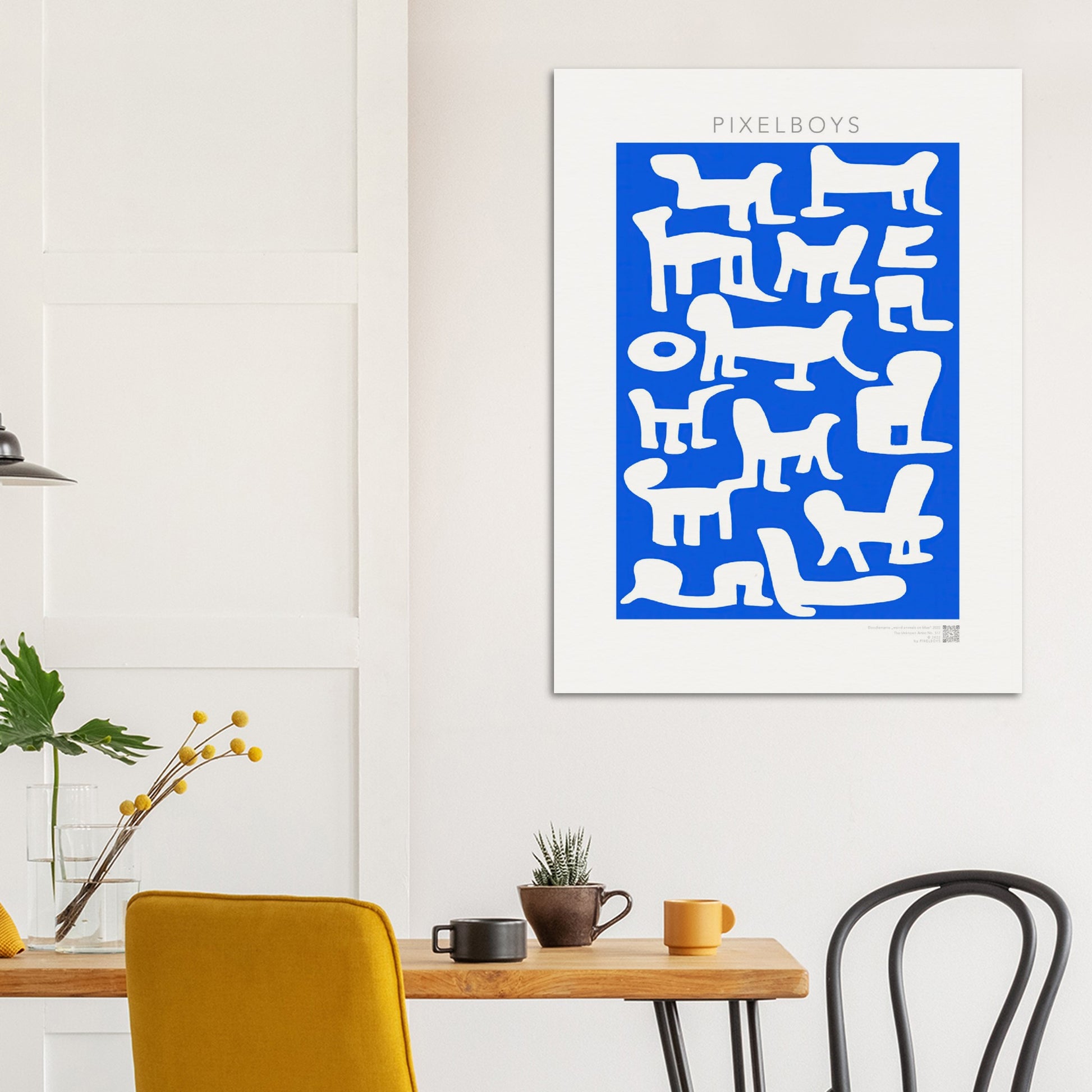 Poster in Museumsqualität - Doodlemania "weird animals on blue" - No.1 - Hunde - Katzen - Doodle Kunst - Poster mit Rahmen - doodle artwork - Acrylbild - Kunstdruck - Wandbild - office Poster - Poster with frame -  Künstler: Pixelboys & The Unknown Artist Nb.517 - keith haring - anti stress art - Art Brand - 