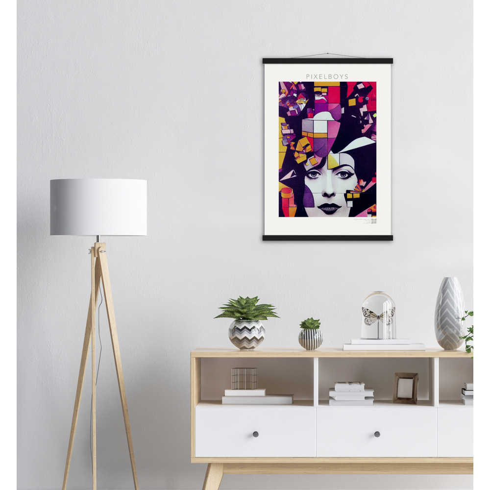 Poster mit Leisten (Holz) - The Queen No.1 - HRH in cubes - Kunstdruck - Queen Elisabeth II - Monarch - HRH - His/Her Royal Highness - Groß Britannien - Commonwealth - The Royal Family - Wandbild - Kubismus - synthetischen Kubismus - Georges Braque - Künstler: "John Grayst" - Atelier - UK - GB - London - 