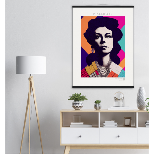  Poster mit Leisten (Holz) - in Museumsqualität - The Queen No.3 - HRH in cubes - Kunstdruck - 250g/qm - Queen Elisabeth II - Monarch - HRH - His/Her Royal Highness - Groß Britannien - Commonwealth - The Royal Family - Wandbild - Kubismus - synthetischen Kubismus - Georges Braque - Künstler: "John Grayst" - Atelier - UK - GB - London - 