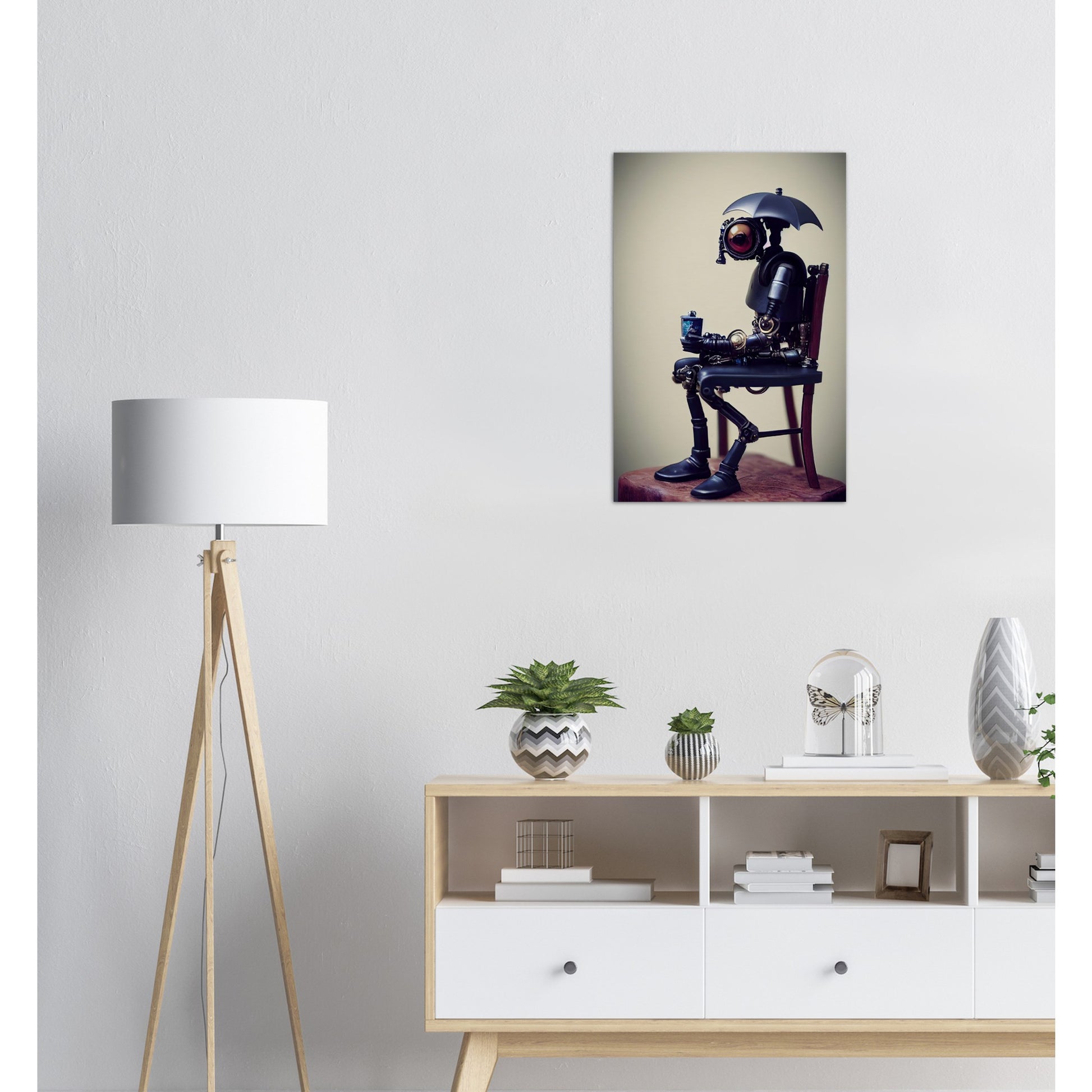 Poster in Museumsqualität - Tiny robot with an umbrella "Louis" - Regenschirm - Acryldruck - Wandkunst - Customizable Coffee Cup - Personalized Gifts - Kunstdruck - Kleine Roboter - Acryldruck - Little Robots - Personalized Gifts - Tiny  - Steampunk - zukunft - Poster with frame - Kunstwerk - Office Poster - Poster mit Rahmen - Kaffee Tasse - Poster - Bedruckte Tassen - Kunst Marke - Art Brand - Kunstdrucke - Künstler: John Grayst & Pixelboys - emotional robots - Geschenkidee -