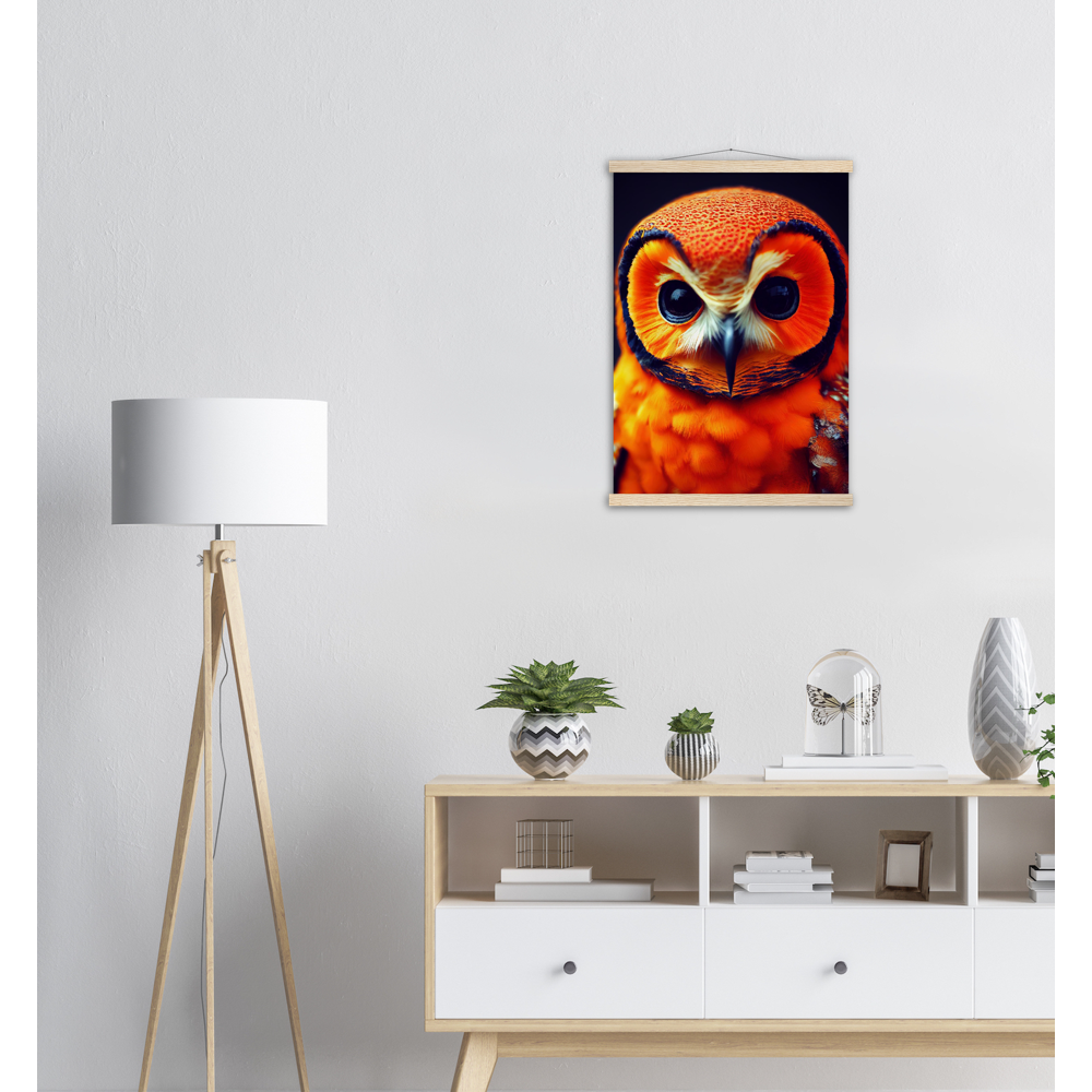 Poster mit Leisten (Holz) - Fruit Owl No. 1 - "Orangina", the orange owl - Serie Fruit Owls - Schleiereulen - lat. Tytonidae - Fruchteulen - Vogel - Bird - Strigiformes - Noctua - Ornithologie - Kunstwerk - Acryldruck - Poster mit Rahmen - Poster mit Leisten - Bedruckte Tassen - Kunst Marke - Art Brand - Pixelboys - Kunstdruck - Acrylbild - Wandbild - Kunstdrucke - Papier: 250g/qm - Künstler: John Grayst & Pixelboys - Eulen - Owl-  - Atelier - England - London - Birmingham - Manchester - Leeds - Liverpool  