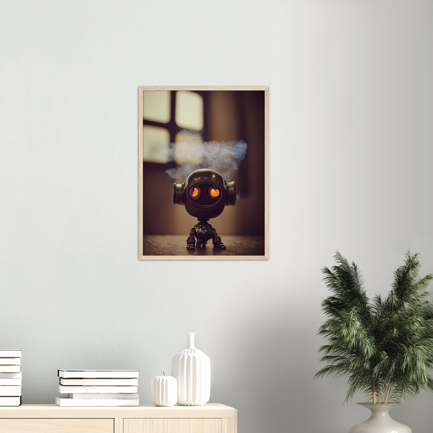 Poster mit Rahmen (Holz) - in Museumsqualität - Tiny robot - with smoke around his head - "Tiny Tim" - Wandbild - Customizable Coffee Cup - Personalized Gifts - Kunstdruck - Rauchender Roboter - Steampunk - Acryldruck - Smoking Robots - Personalized Gifts - Poster with frame - nr.5 lebt - zukunft - Kunstwerk - Office Poster - Poster mit Rahmen - Kaffee Tasse  - Bedruckte Tassen - Kunst Marke - Art Brand - Wandbild - Kunstdrucke - Künstler: John Grayst & Pixelboys - emotional robots - Geschenkidee -