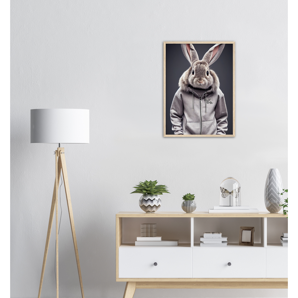 Poster mit Rahmen (Holz) - Bunny in grey Tracksuit - "Titus" - Fashion Gang - Wandbild - Ostern - Geschenkidee - Osterhase - Bunny Crew: "Titus" - "Caesar" - "Constantin" - "Cleo" - Weisser Hase - Easter Bunny - Cute - grey tracksuit - sweats - Alice's Adventures in Wonderland - Modemarke - Pixelboys Brand - Titus der Hase - Hase - Kaninchen  - Künstler: "Pixelboys" - Atelier - Germany - Berlin - Hamburg - Colgne - France - Paris - Italy - Rom - USA - America - New York City - Los Angeles - Chicago - 