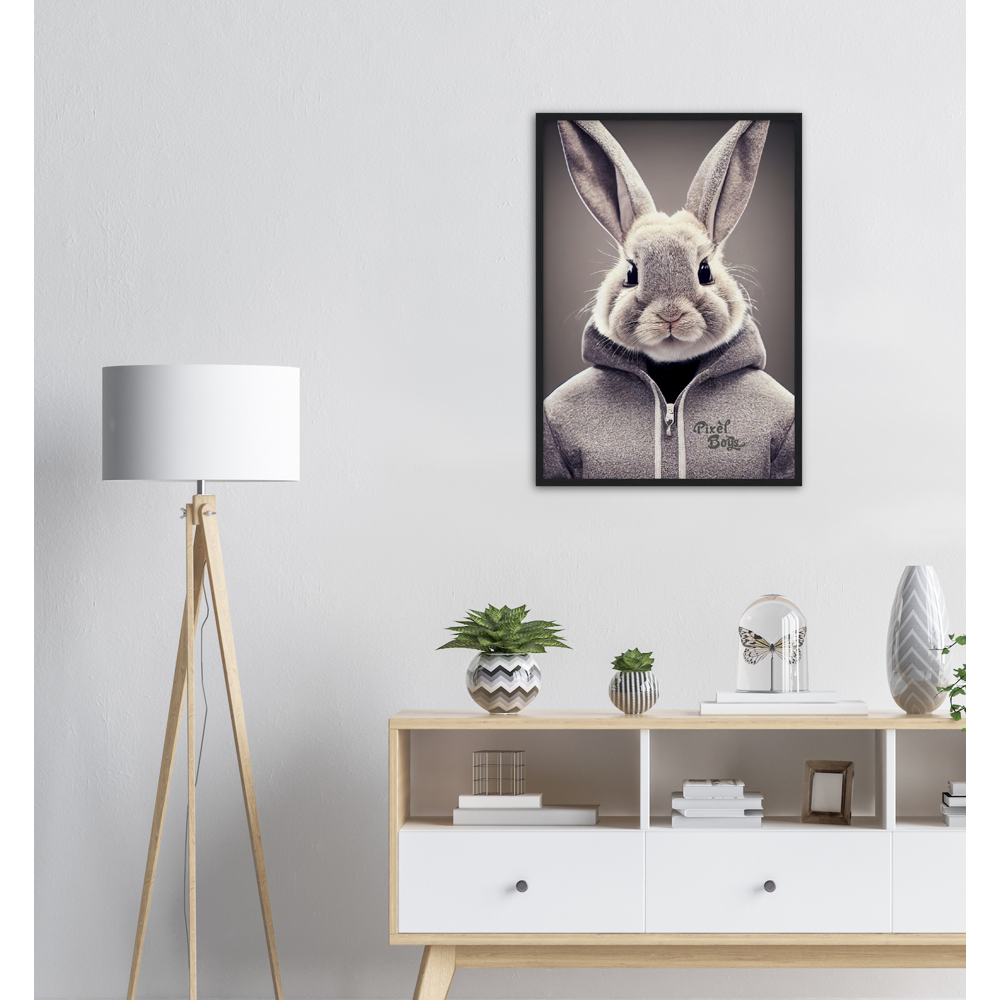 Poster mit Rahmen (Holz) - Bunny in grey Hoodie - "Constantin" - Fashion Gang - Wandbild - Ostern - Geschenkidee - Osterhase - Bunny Crew: "Constantin" - "Caesar" - "Titus" - "Cleo" - Weisser Hase - Easter Bunny - Cute - grey Hoodie - sweats - Alice's Adventures in Wonderland - Modemarke - Pixelboys Brand - Constantin der Hase - Hase - Kaninchen  - Künstler: "Pixelboys" - Atelier - Germany - Berlin - Hamburg - Colgne - France - Paris - Italy - Rom - USA - America - New York City - Los Angeles - Chicago - 