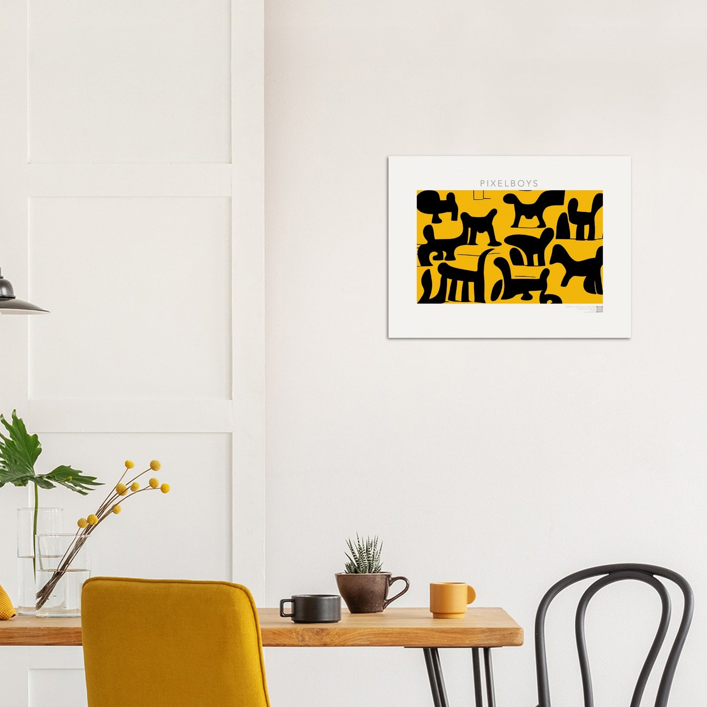 Poster in Museumsqualität - Doodlemania "weird animals on yellow" - No.3 - bedruckte Tasse-  gelb - Cup - Hunde - Katzen - Doodle Kunst - dogs - Cats - gastro - Poster mit Rahmen - doodle artwork - Acrylbild - Kunstdruck - Wandbild - office Poster - Poster with frame -  Künstler: Pixelboys & The Unknown Artist Nb.517 - keith haring - Gastro Art - anti stress art - Art Brand - Kunstdruck - Gastro Tasse - 