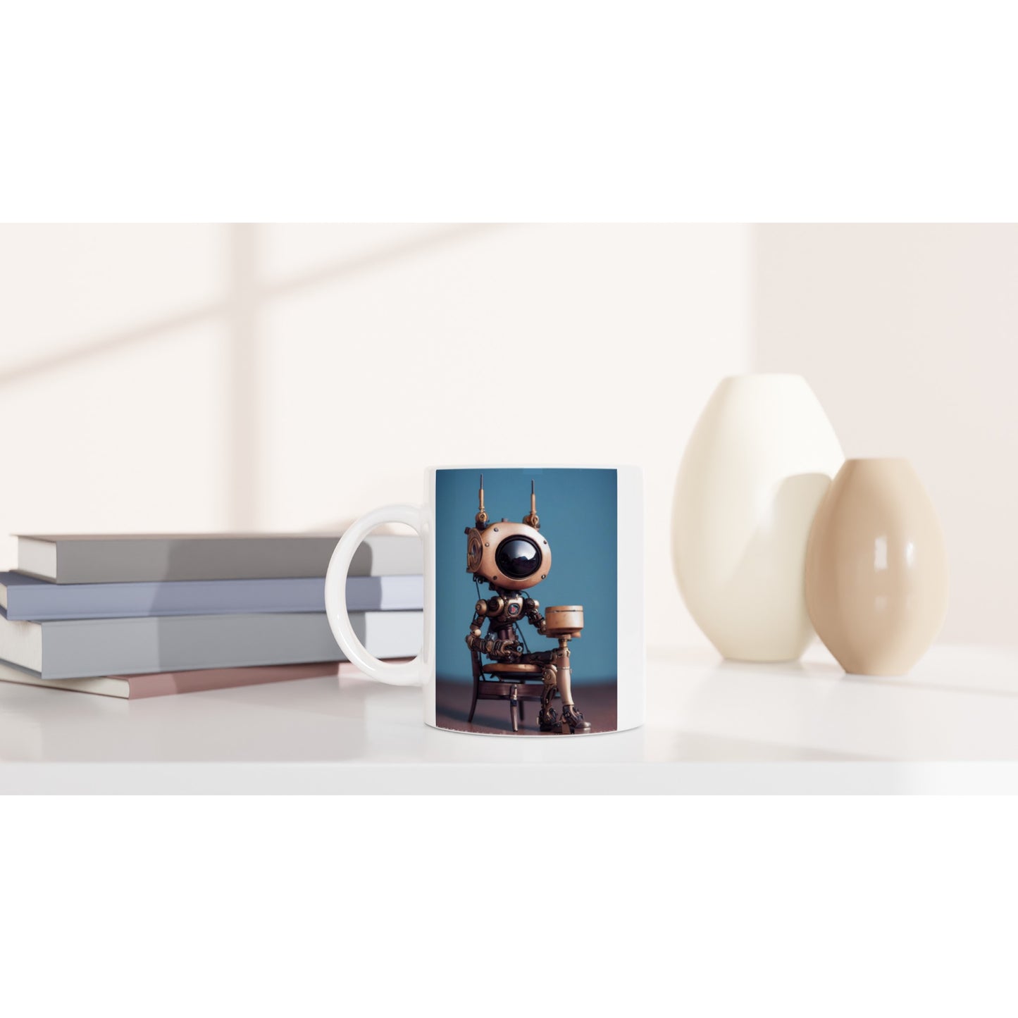 Personalsierbare bedruckte Tasse - Tiny robot with a present - "Tiny Sam" - Wandbild - Customizable Coffee Cup - Personalized Gifts - Kunstdruck - Roboter mit Geschenk - Steampunk - Acryldruck - Present Robots - Personalized Gifts - Poster with frame - nr.5 lebt - zukunft - Kunstwerk - Office Poster - Poster mit Rahmen - Kaffee Tasse  - Bedruckte Tassen - Kunst Marke - Art Brand - Wandbild - Kunstdrucke - Künstler: John Grayst & Pixelboys - emotional robots - Geschenkidee - Wall Art -