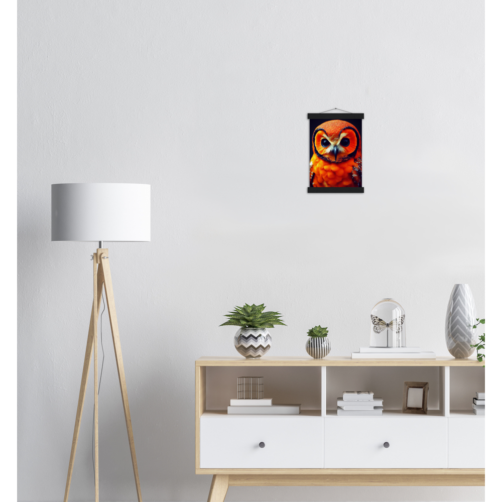 Poster mit Leisten (Holz) - Fruit Owl No. 1 - "Orangina", the orange owl - Serie Fruit Owls - Schleiereulen - lat. Tytonidae - Fruchteulen - Vogel - Bird - Strigiformes - Noctua - Ornithologie - Kunstwerk - Acryldruck - Poster mit Rahmen - Poster mit Leisten - Bedruckte Tassen - Kunst Marke - Art Brand - Pixelboys - Kunstdruck - Acrylbild - Wandbild - Kunstdrucke - Papier: 250g/qm - Künstler: John Grayst & Pixelboys - Eulen - Owl-  - Atelier - England - London - Birmingham - Manchester - Leeds - Liverpool  