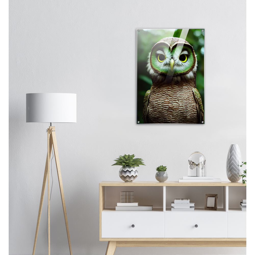 Acrylbild - Museumsqualität - Fruit Owl No. 4 - "Kiki", the Kiwi Owl - Wandkunst - Kunstdruck - (lat. tyto actinidia) - Kiwi Eule - Kiwi Owl - Fruchteulen - Vogel - Bird - Strigiformes - Noctua - Ornithologie - Kunstwerk  - Office Poster - Poster mit Rahmen - Kaffee Tasse - Poster mit Leisten - Bedruckte Tassen - Kunst Marke - Art Brand - Acryldruck - Wandbild - Kunstdrucke - Papier: 250g/qm - Künstler: John Grayst & Pixelboys - Eulen - Owl - Geschenkidee - 