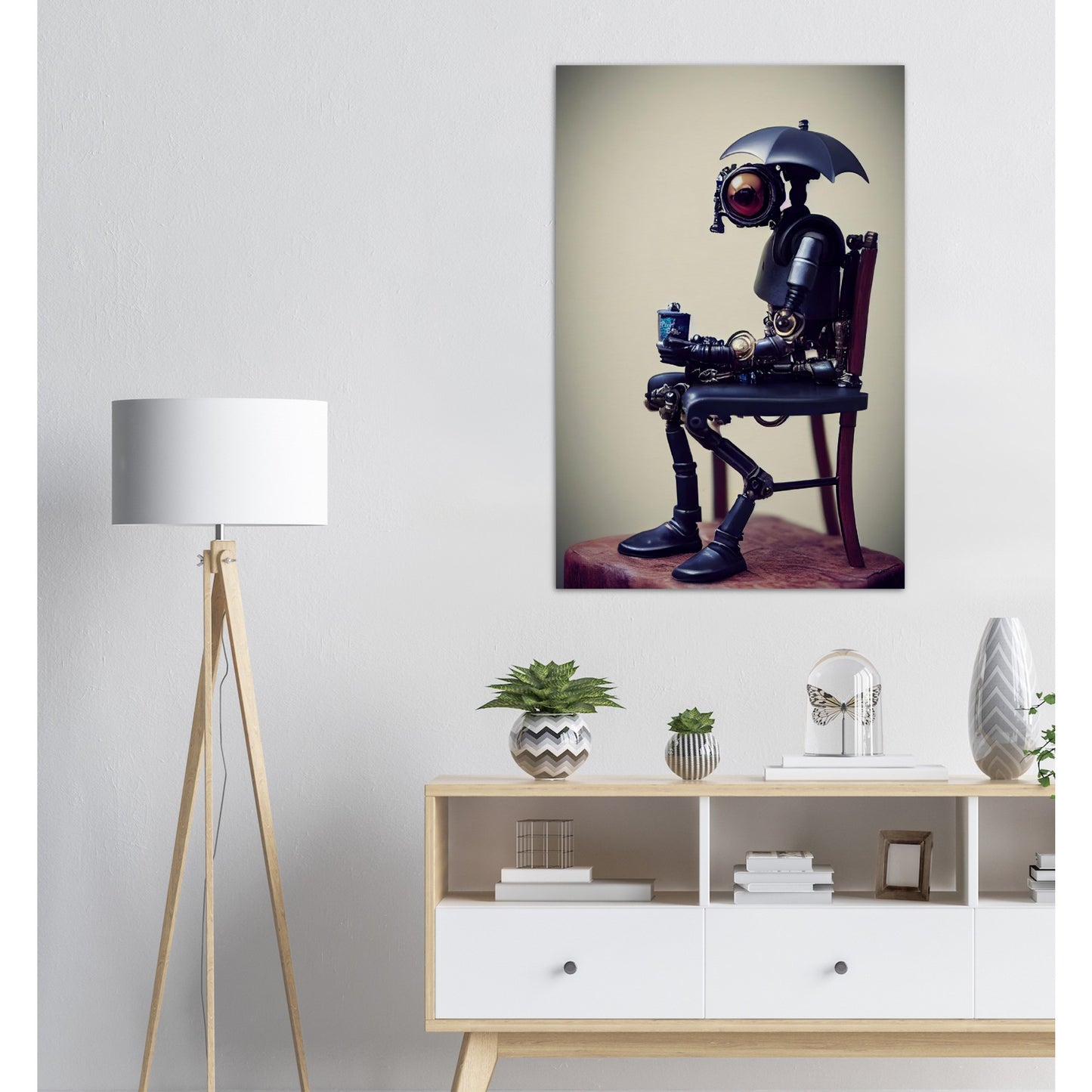 Poster in Museumsqualität - Tiny robot with an umbrella "Louis" - Regenschirm - Acryldruck - Wandkunst - Customizable Coffee Cup - Personalized Gifts - Kunstdruck - Kleine Roboter - Acryldruck - Little Robots - Personalized Gifts - Tiny  - Steampunk - zukunft - Poster with frame - Kunstwerk - Office Poster - Poster mit Rahmen - Kaffee Tasse - Poster - Bedruckte Tassen - Kunst Marke - Art Brand - Kunstdrucke - Künstler: John Grayst & Pixelboys - emotional robots - Geschenkidee -