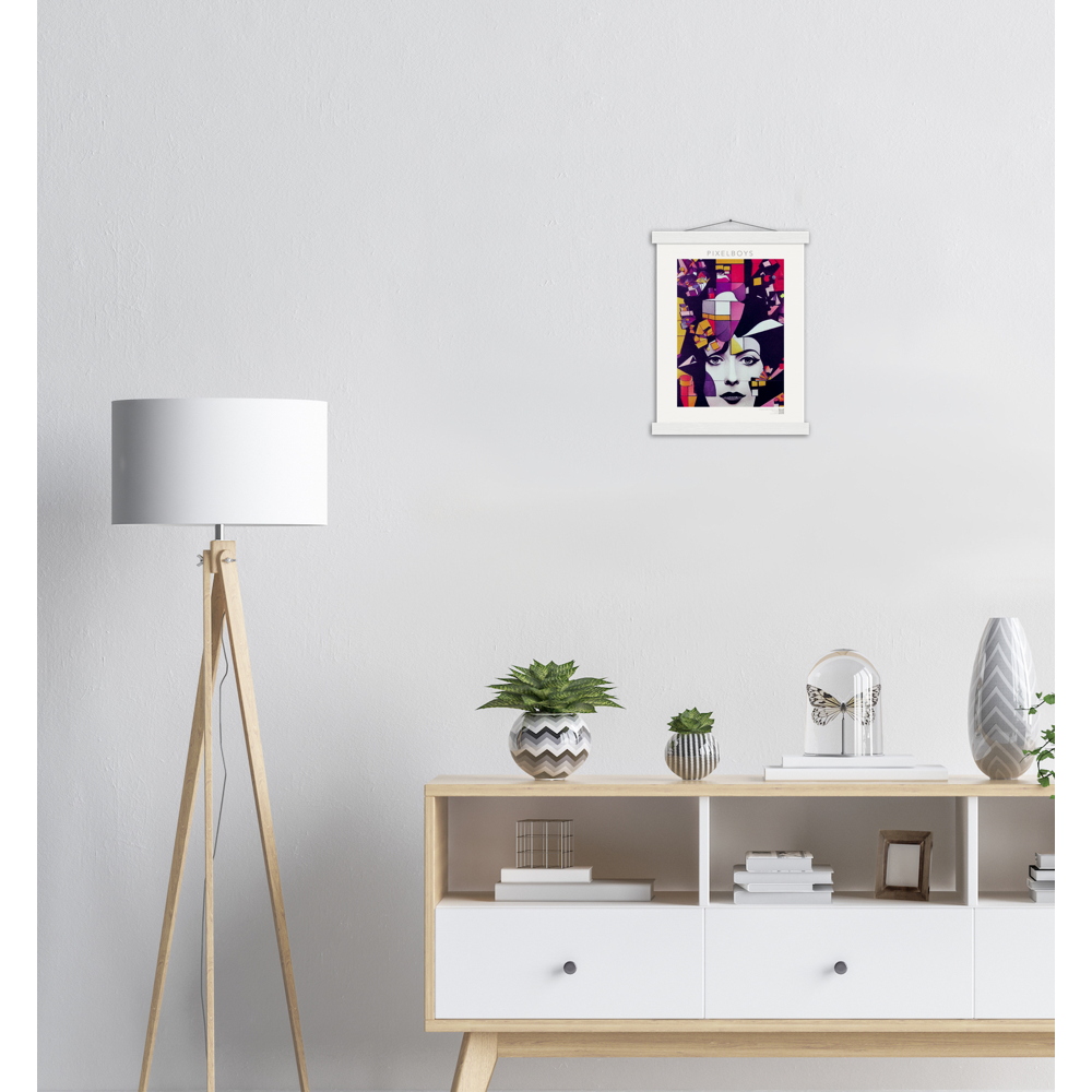 Poster mit Leisten (Holz) - The Queen No.1 - HRH in cubes - Kunstdruck - Queen Elisabeth II - Monarch - HRH - His/Her Royal Highness - Groß Britannien - Commonwealth - The Royal Family - Wandbild - Kubismus - synthetischen Kubismus - Georges Braque - Künstler: "John Grayst" - Atelier - UK - GB - London - 