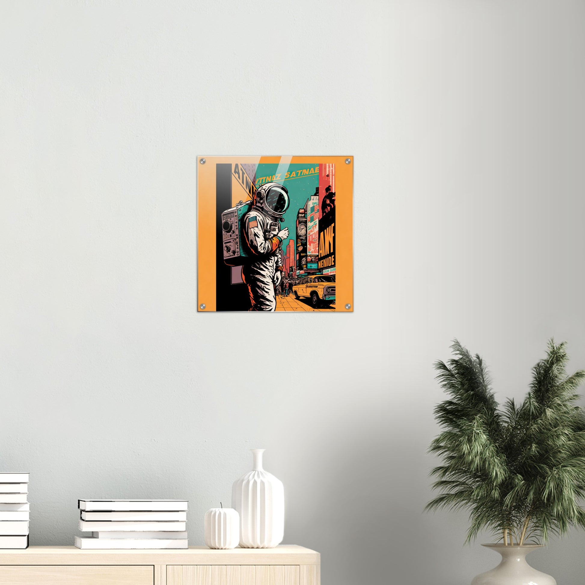 Acrylbild auf Glas in Museumsqualität - Astronaut at the NY Time Square - Illustration - Astronaut - New York - Rocketman - Posterleisten - USA - Fineart - Posterrahmen  - Wandkunst - Holzrahmen - Poster with frame - artwork - art brand - printed cup personalized - Holzleisten - pixelboys - Kunstdrucke - wandbilder - wall art - Kunst auf Tassen  - Office Poster - Gastrotassen - Wanddekoration - Acrylkunst - Geschenkidee - Office Poster - Acryldruck - Abstrakte Kunst -