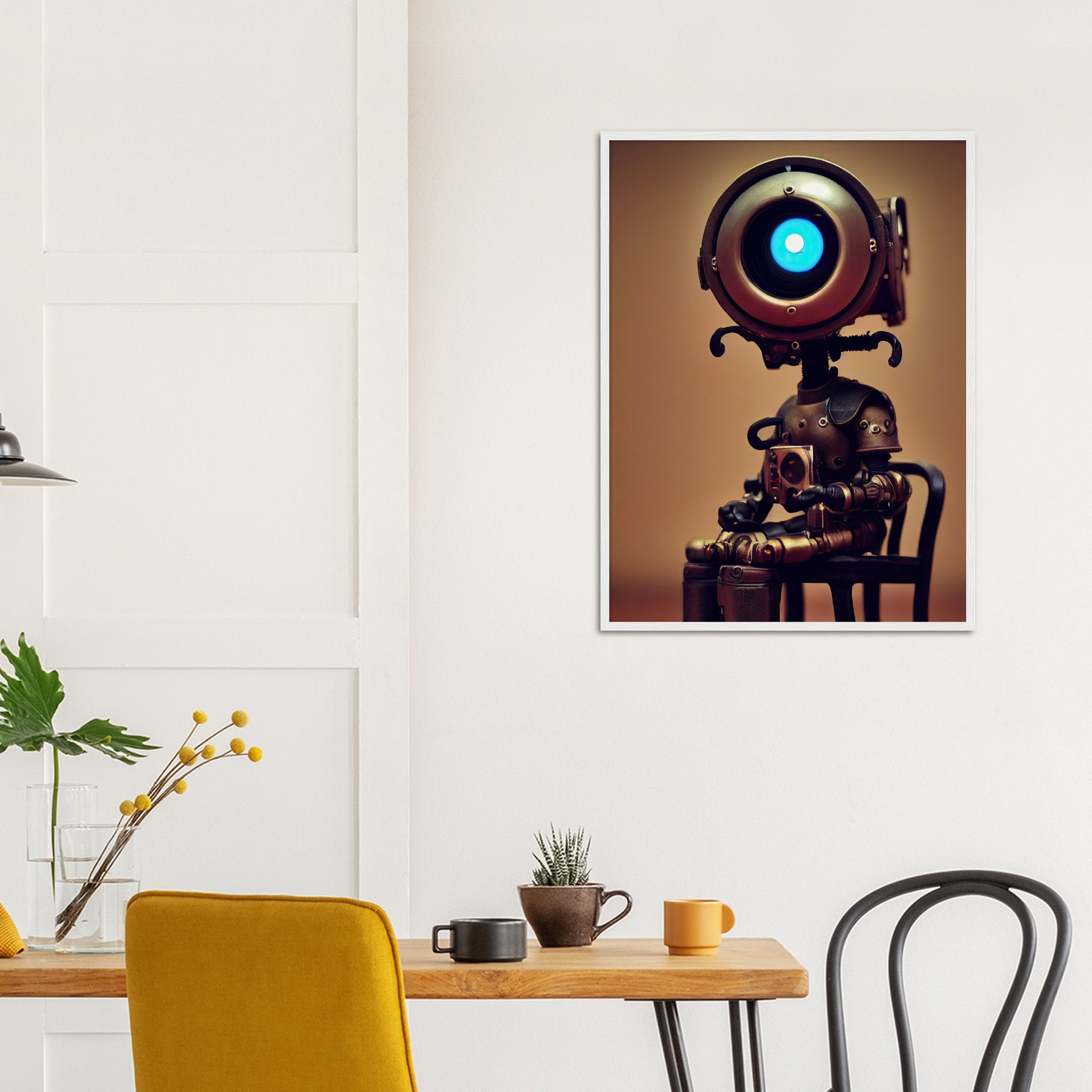 Poster mit Rahmen (Holz) - Museumsqualität -  Tiny robot with coffee - "Bobby" - Wandkunst - Papierdicke: 250g/qm - Customizable Coffee Cup - Personalized Gifts - Kunstdruck - Kleine Roboter - Acryldruck - Little Robots - Personalized Gifts - Tiny  - Steampunk - zukunft - Poster with frame - Kunstwerk - Office Poster - Poster mit Rahmen - Kaffee Tasse - Poster - Bedruckte Tassen - Kunst Marke - Art Brand - Wandbild - Kunstdrucke - Künstler: John Grayst & Pixelboys - emotional robots - Geschenkidee -