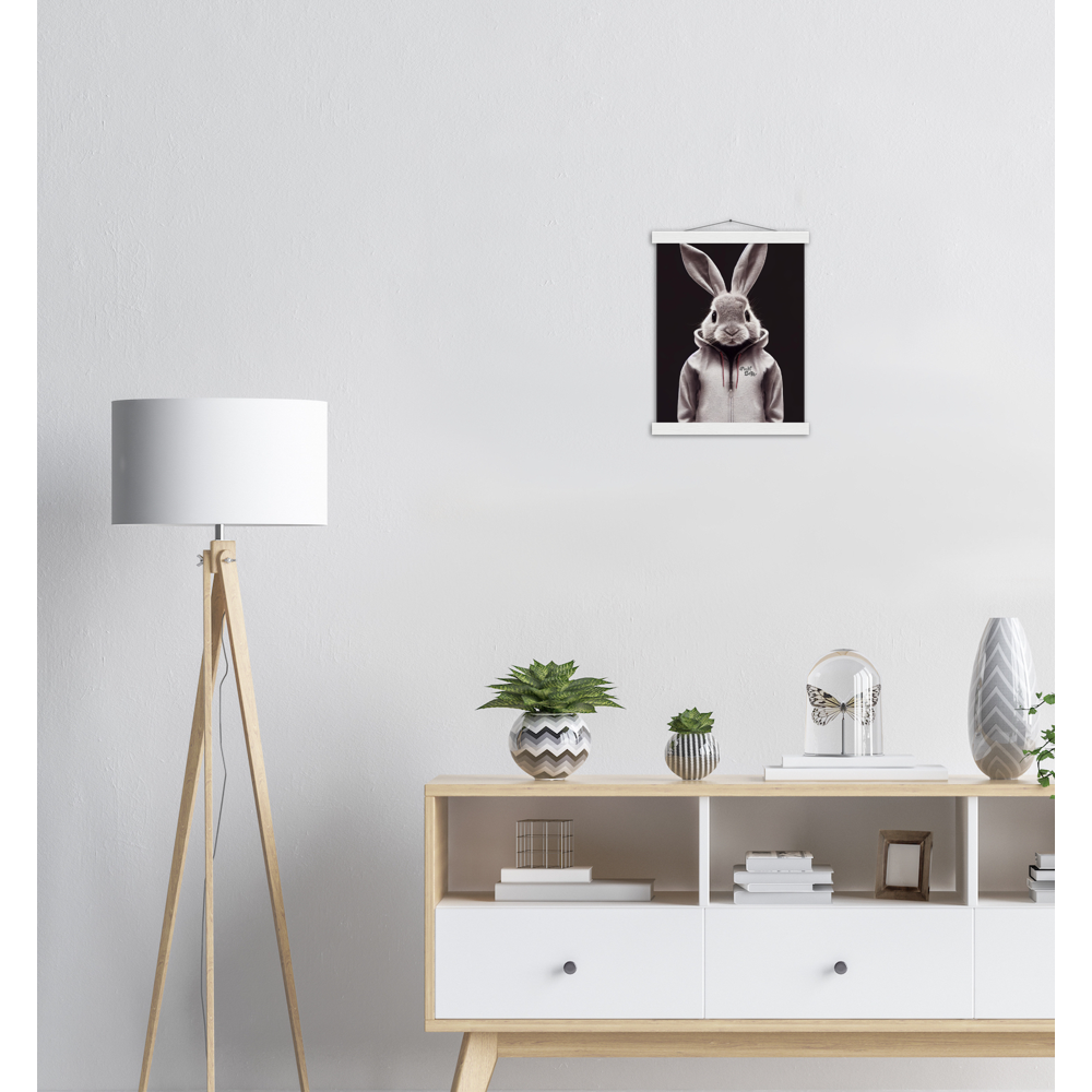 Poster mit Leisten (Holz) - Bunny in grey tracksuit - Fashion Gang - Wandbild - Ostern - Geschenkidee - Osterhase - Bunny Crew: "Valerian" - "Caesar" - "Constantin" - "Cleo"-Titus - Weisser Hase - Easter Bunny - Cute - grey tracksuit - sweats - Alice's Adventures in Wonderland - Modemarke - Pixelboys Brand - Valerian der Hase - Kaninchen  - Künstler: "Pixelboys" - Atelier - Germany - Berlin - Hamburg - Colgne - France - Paris - Italy - Rom - USA - America - New York City - Los Angeles - Chicago - 