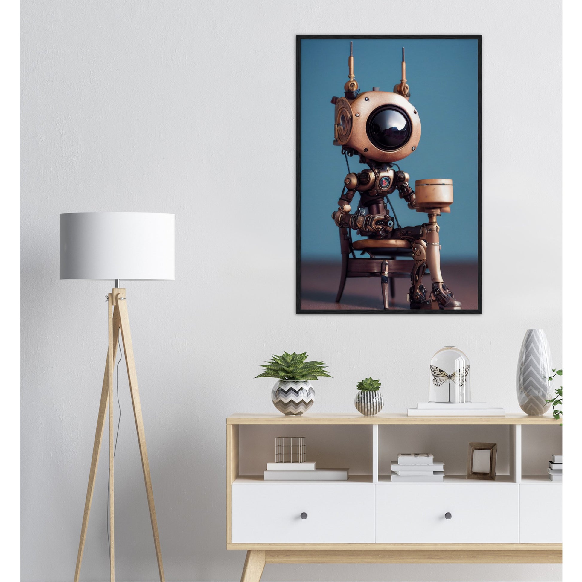 Poster mit Rahmen (Holz) in Museumsqualität - Tiny robot with a present - "Tiny Sam" - Wandbild - Customizable Coffee Cup - Personalized Gifts - Kunstdruck - Roboter mit Geschenk - Steampunk - Acryldruck - Present Robots - Personalized Gifts - Poster with frame - nr.5 lebt - zukunft - Kunstwerk - Office Poster - Poster mit Rahmen - Kaffee Tasse  - Bedruckte Tassen - Kunst Marke - Art Brand - Wandbild - Kunstdrucke - Künstler: John Grayst & Pixelboys - emotional robots - Geschenkidee - Wall Art -