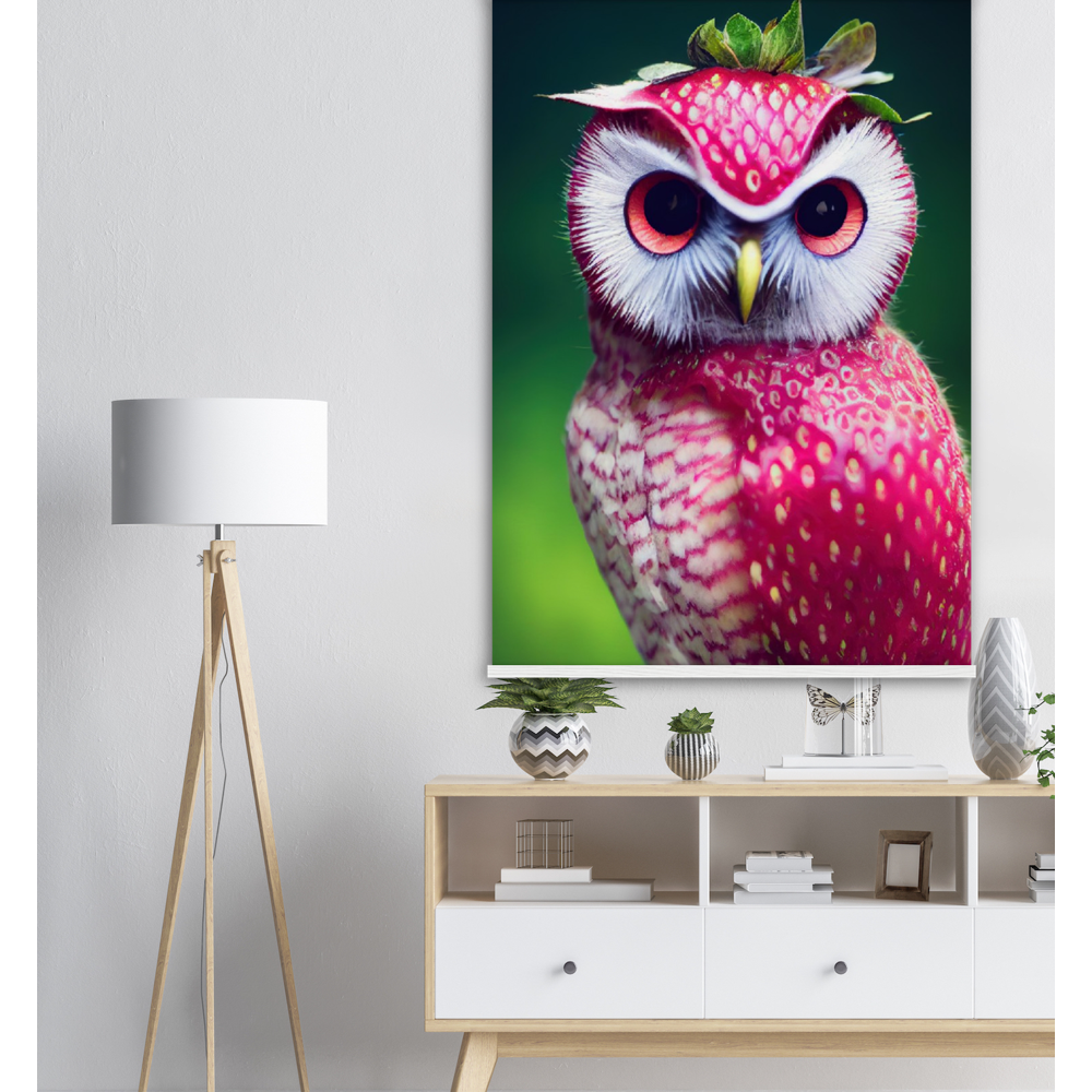 Poster mit Leisten (Holz) - Fruit Owl No. 2 - "Berry", the Strawberry Owl - Serie Fruit Owls - Wandkunst - Kunstdruck - (fiktiv: lat.  Pulsatrix Fragaria) - Erdbeere - Schleiereulen - Fruchteulen - Vogel - Bird - Strigiformes - Noctua - Ornithologie - Kunstwerk  - Office Poster - Poster mit Rahmen - Kaffee Tasse - Poster mit Leisten - Bedruckte Tassen - Kunst Marke - Art Brand - Acrylbild - Wandbild - Kunstdrucke - Papier: 250g/qm - Künstler: John Grayst & Pixelboys - Eulen - Owl - Geschenkidee - 