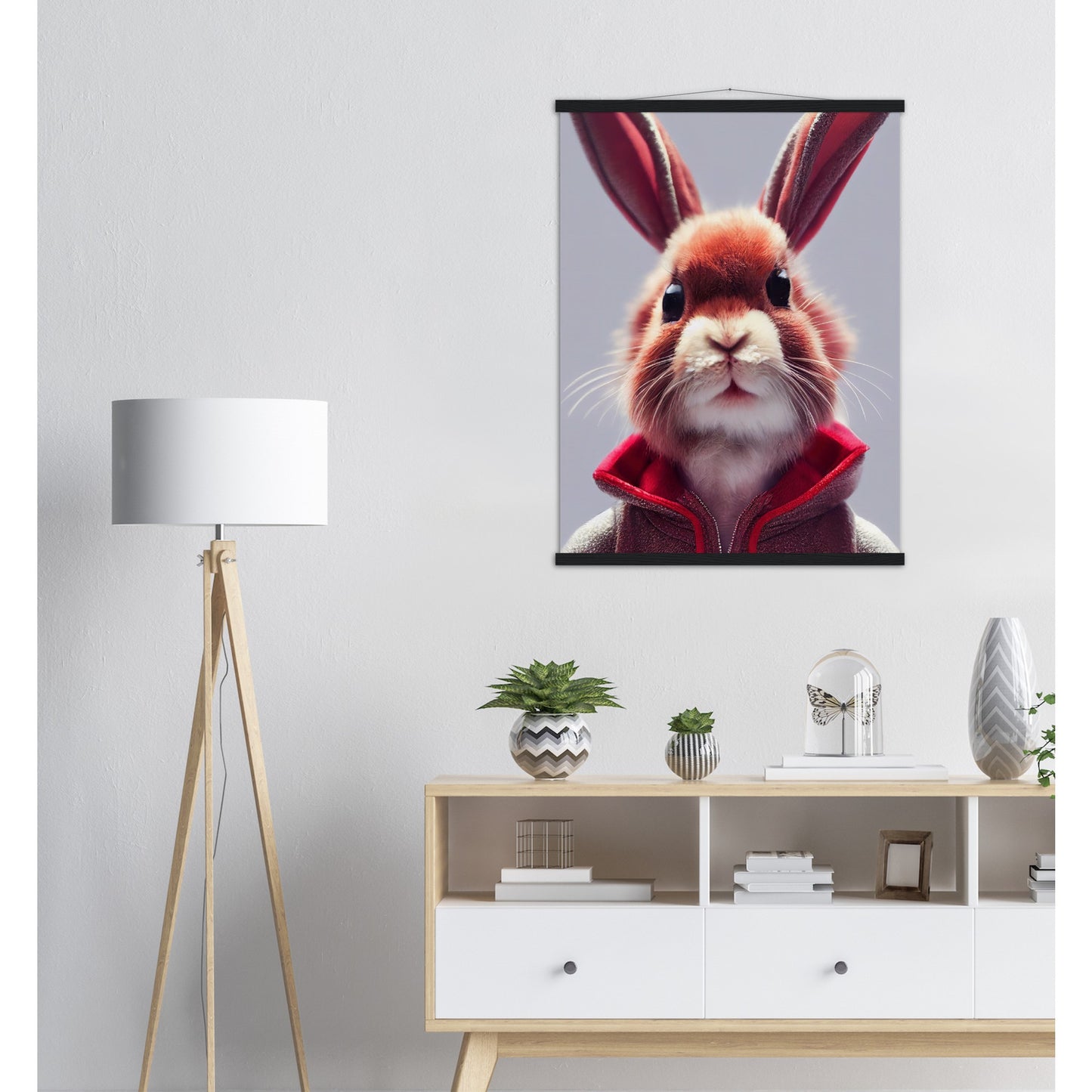 Poster mit Leisten (Holz)- Museumsqualität - Bunny in grey red tracksuit - "Julius" - personalized mug - customized mug - Cute rabbit - Marke:- Pixelboys - Brand - Art Prints - Marke - Wandkunst - Papierstärke: 250g/qm - Wall Art - Bunny crew - Skater Betty - Hasen Gang - Original - Künstler:Pixelboys - Poster with frame - Office Poster - Acrylkunst - Trend - Wandschmuck - Acrylbild - Atelier Canada - 